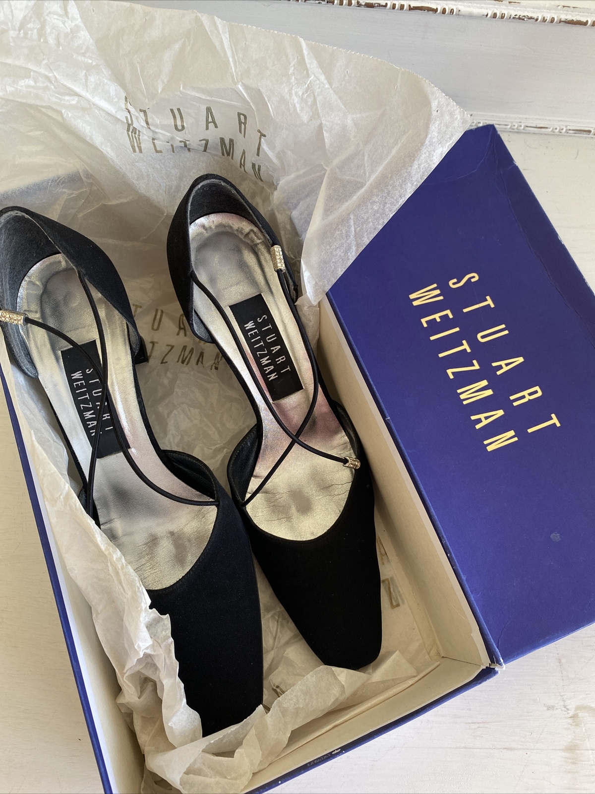 Stuart Weitzman “Rondex Black Peau” Shoes Size 6 Crystal Rhinestone EUC