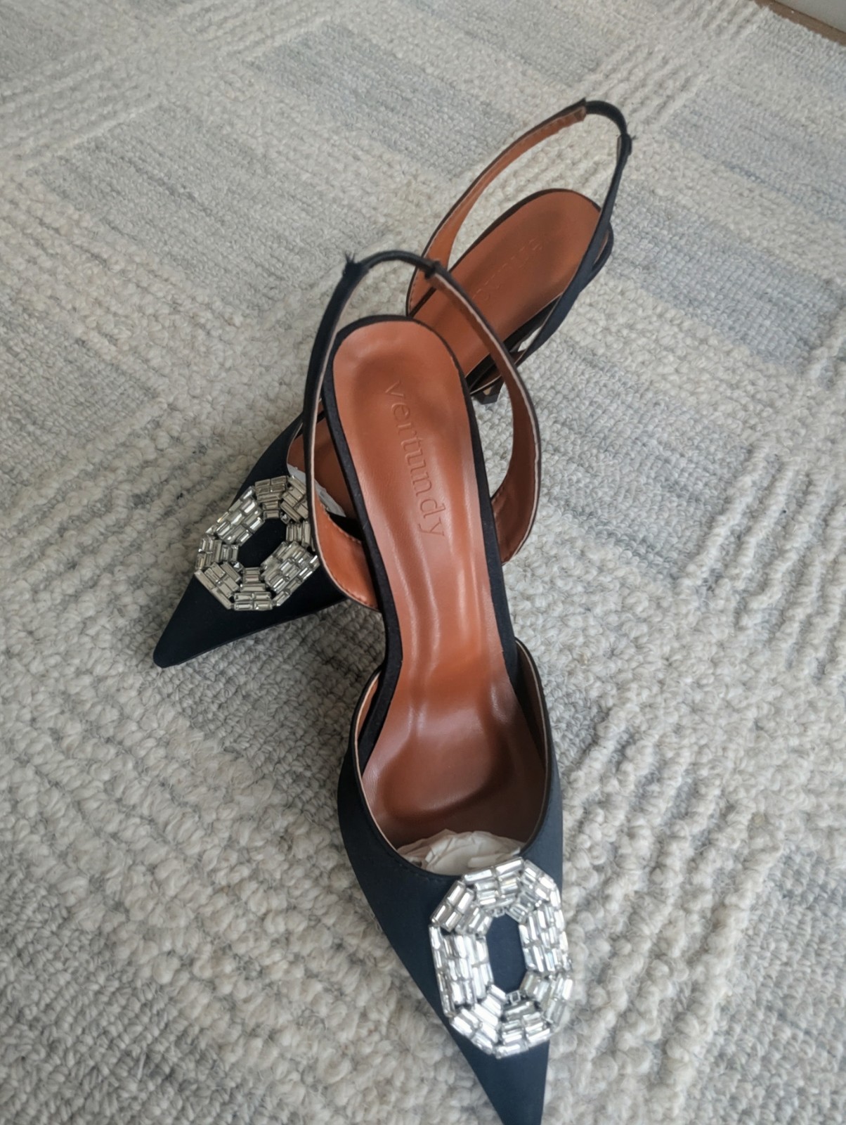 Vertundy Women’s Black Slingback Pointed Toe Stiletto Heels Rhinestone Buckle
