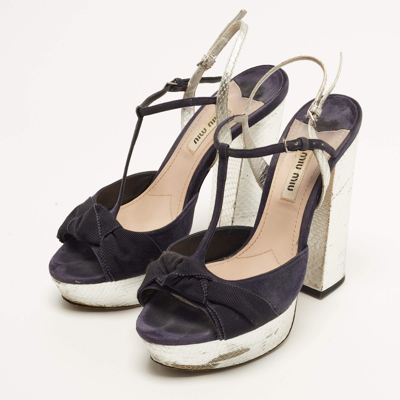 Miu Miu Size 37 Silver Navy Blue Snake Print Leather and Suede Ankle Strap