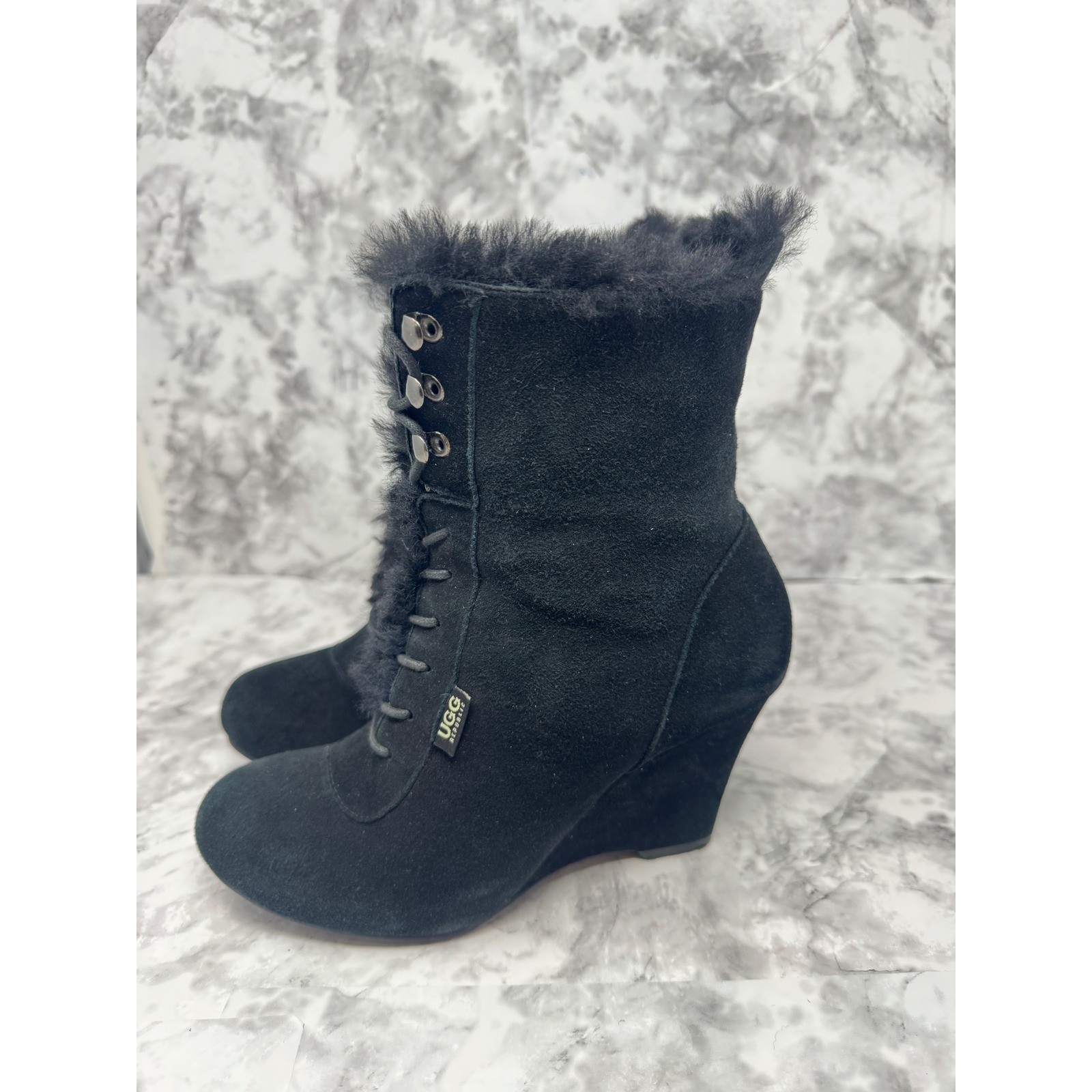 UGG 🖤Wedge Boots Black Shearling Lace Up Biker Gothic Grunge Y2K Indie sz 8
