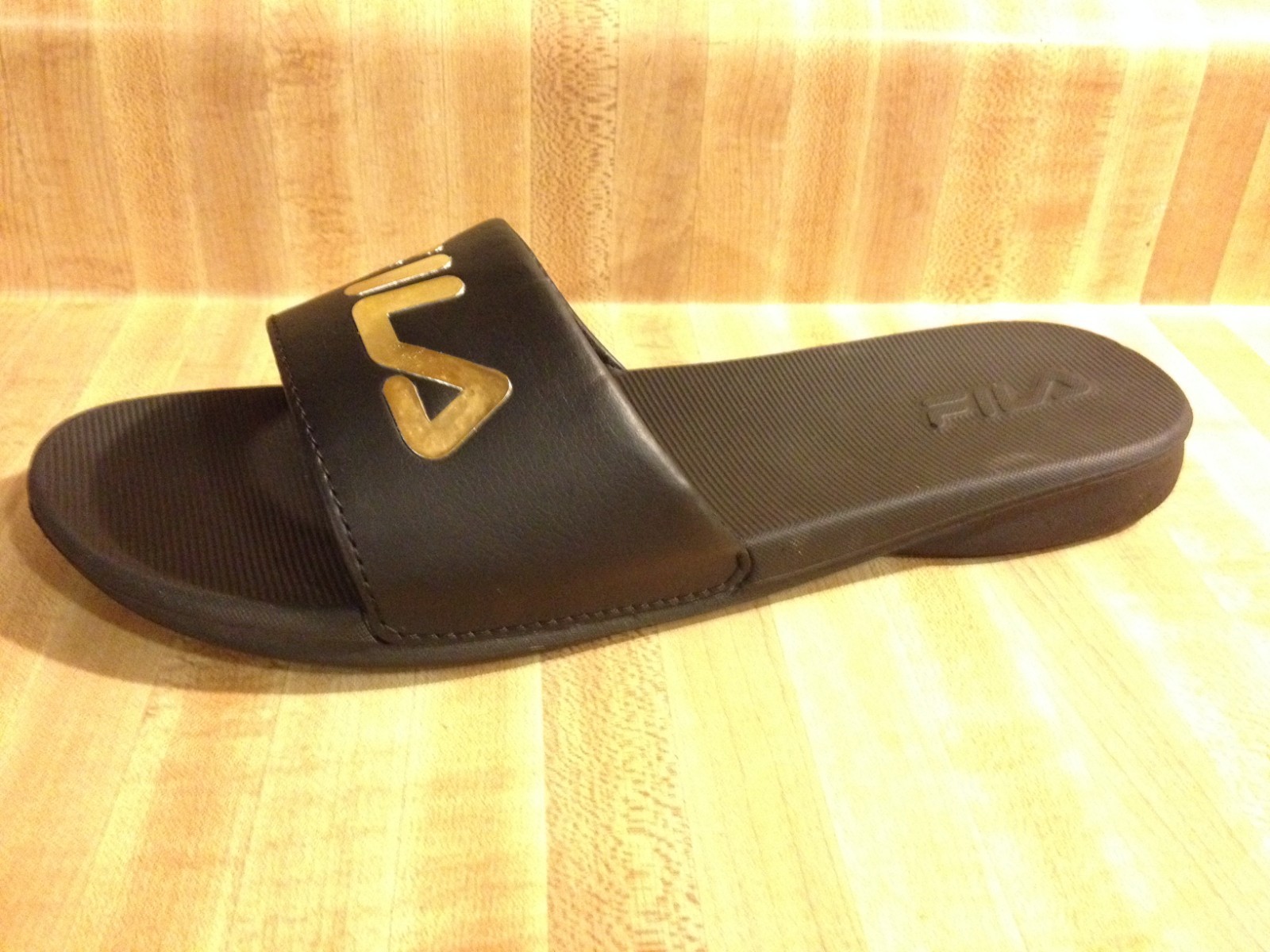Fila Womens 10M Drifter Sleek ST Black Gold Slide Slip On Shower Sandals