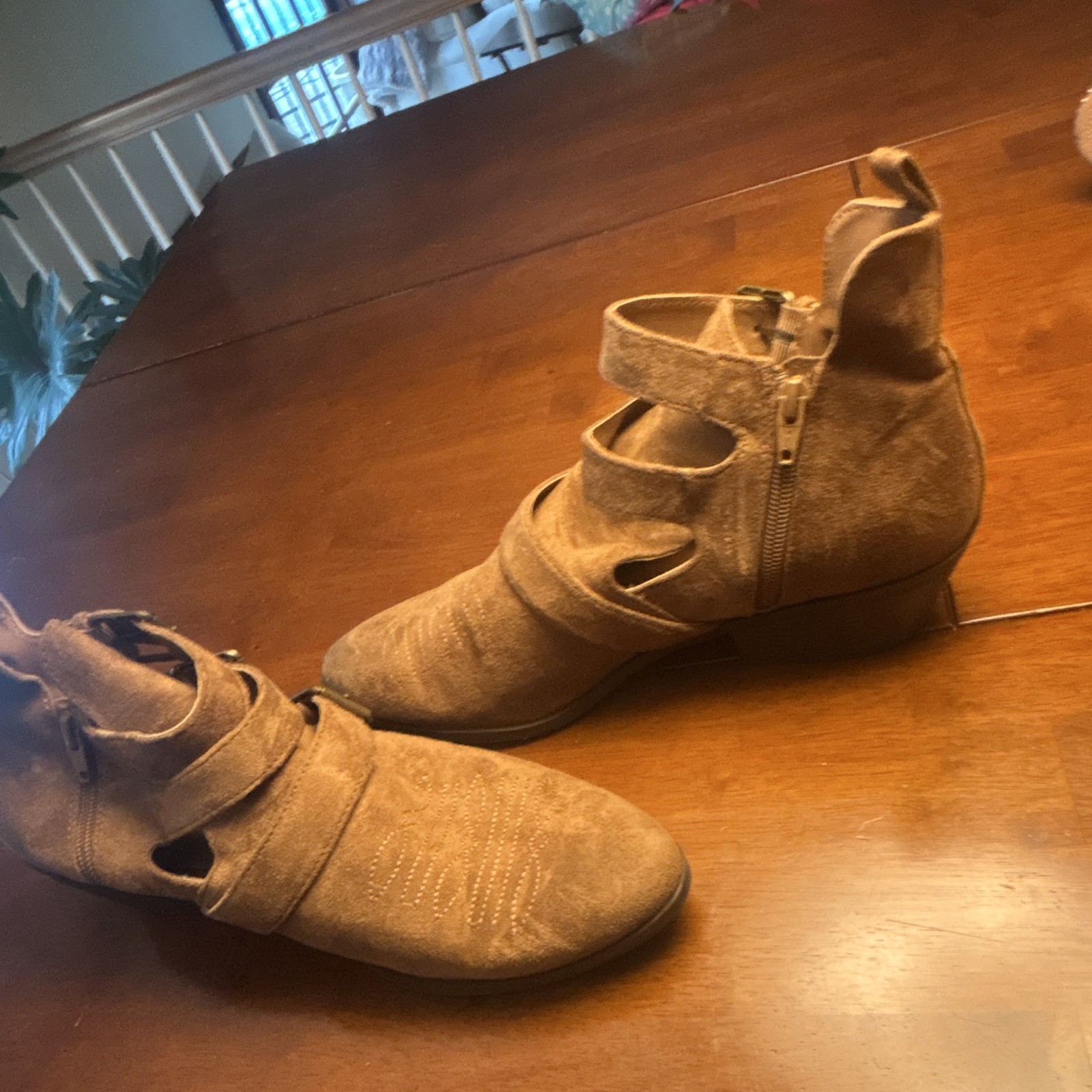 Women’s Brown Suede Cut-Out Ankle Booties Buckle Straps Side Zip US 11