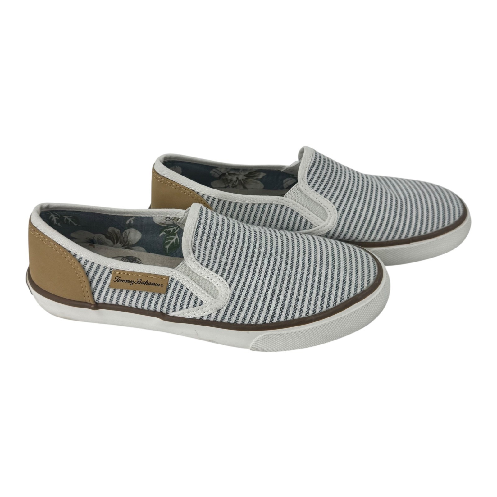 Tommy Bahama Womens Striped Canvas Slip On Sneakers Blue Wht Tan Loafers Sz 7.5