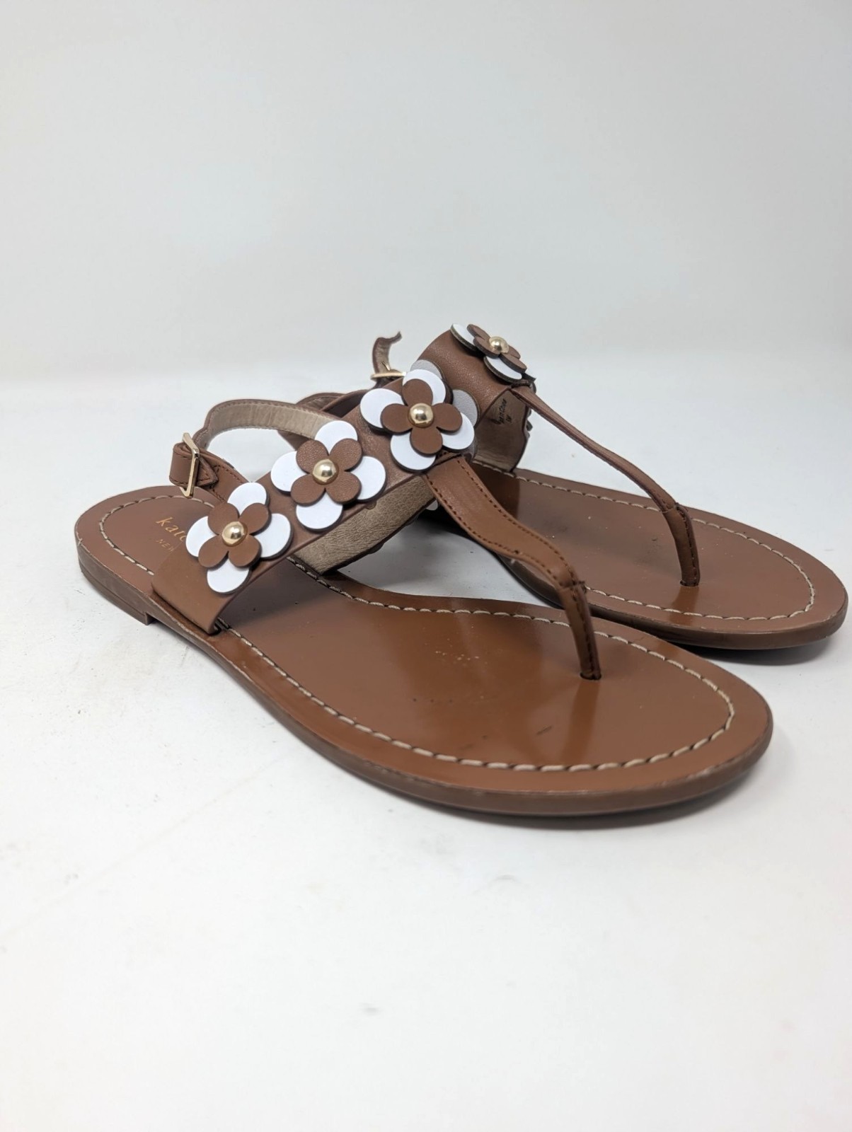 Kate Spade Thong Sandals 6 Brown Leather Flat Floral
