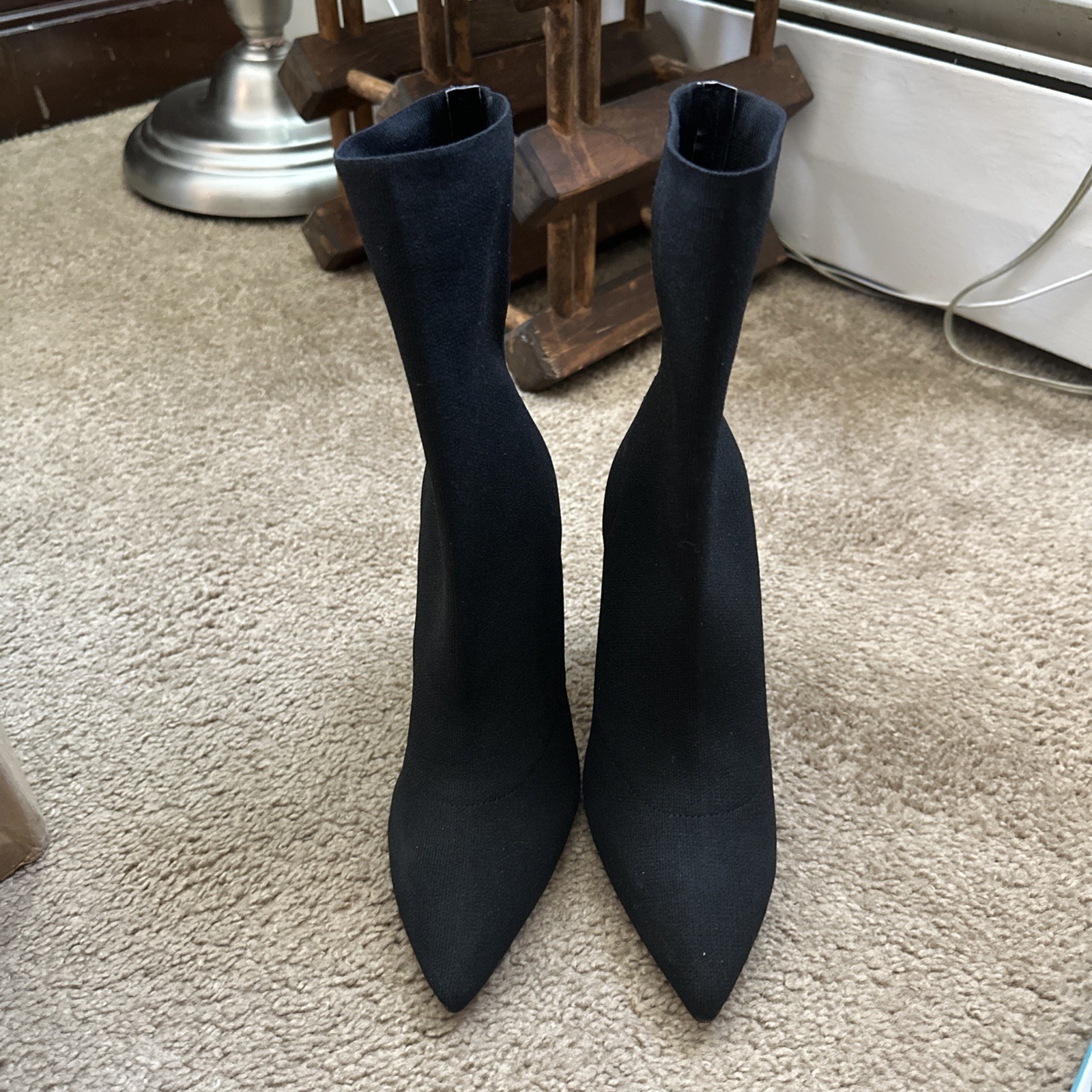 ALDO Black Knit Fabric Pointed Toe Pull On Block High Heel Ankle Booties Sz 6.5