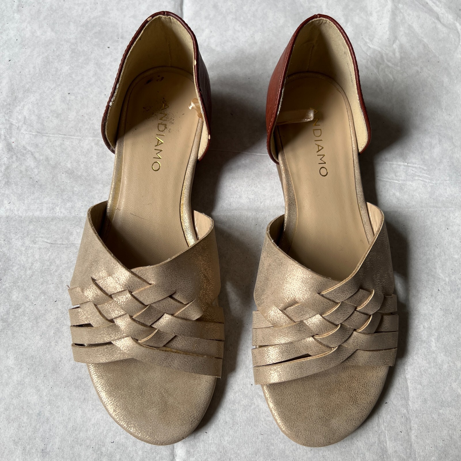 Andiamo Women’s Beige Brown Faux Leather Wedge Sandals, Size 6M