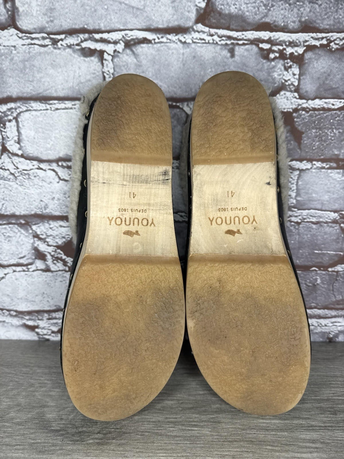 YouYou Sabot Wooden Black Leather French Clogs Slip On Fur Shoes Women 41EU/10.5