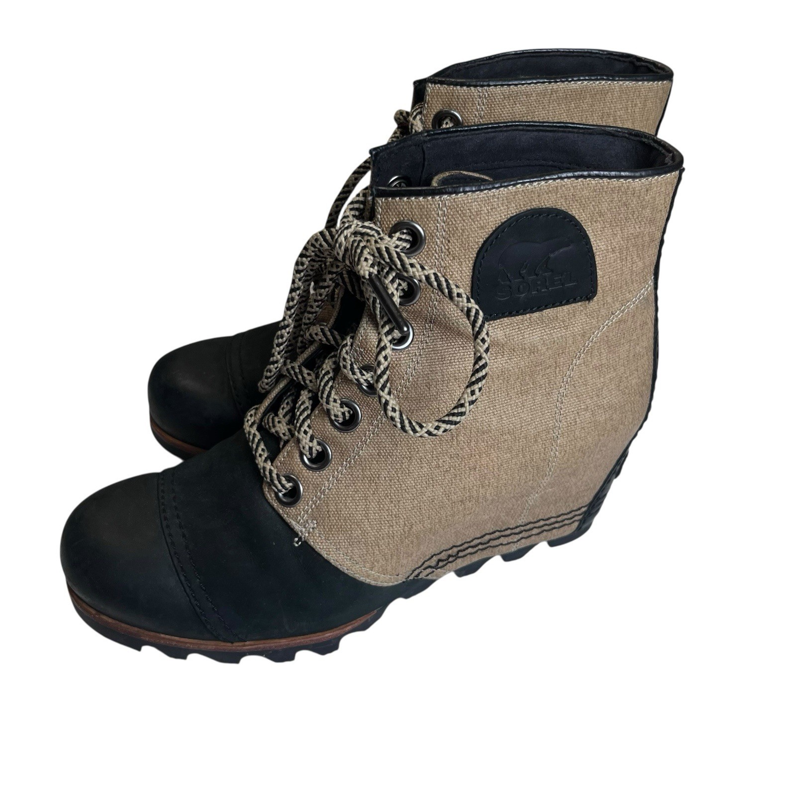 Sorel PDX Wedge Women’s Boots Tan & Black Waxed Canvas & Leather 9 Lace Up