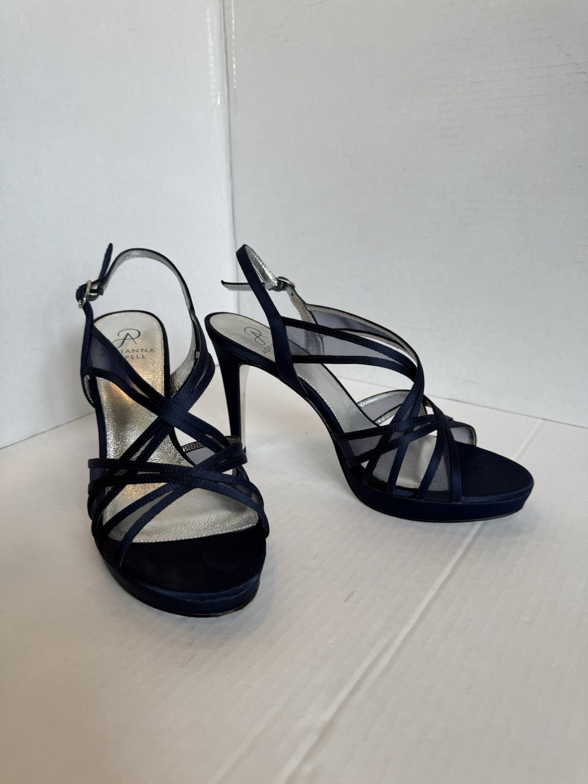 Adrianna Papell Navy Satin Strappy Heels Buckle Open Toe Adjustable Strap 9.5