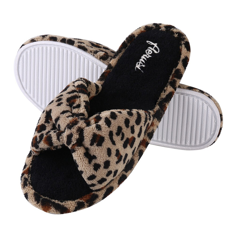 Comfy Warm Leopard Pattern Soft Slippers Open Toe Anti Slip Indoor Shoes 6-10
