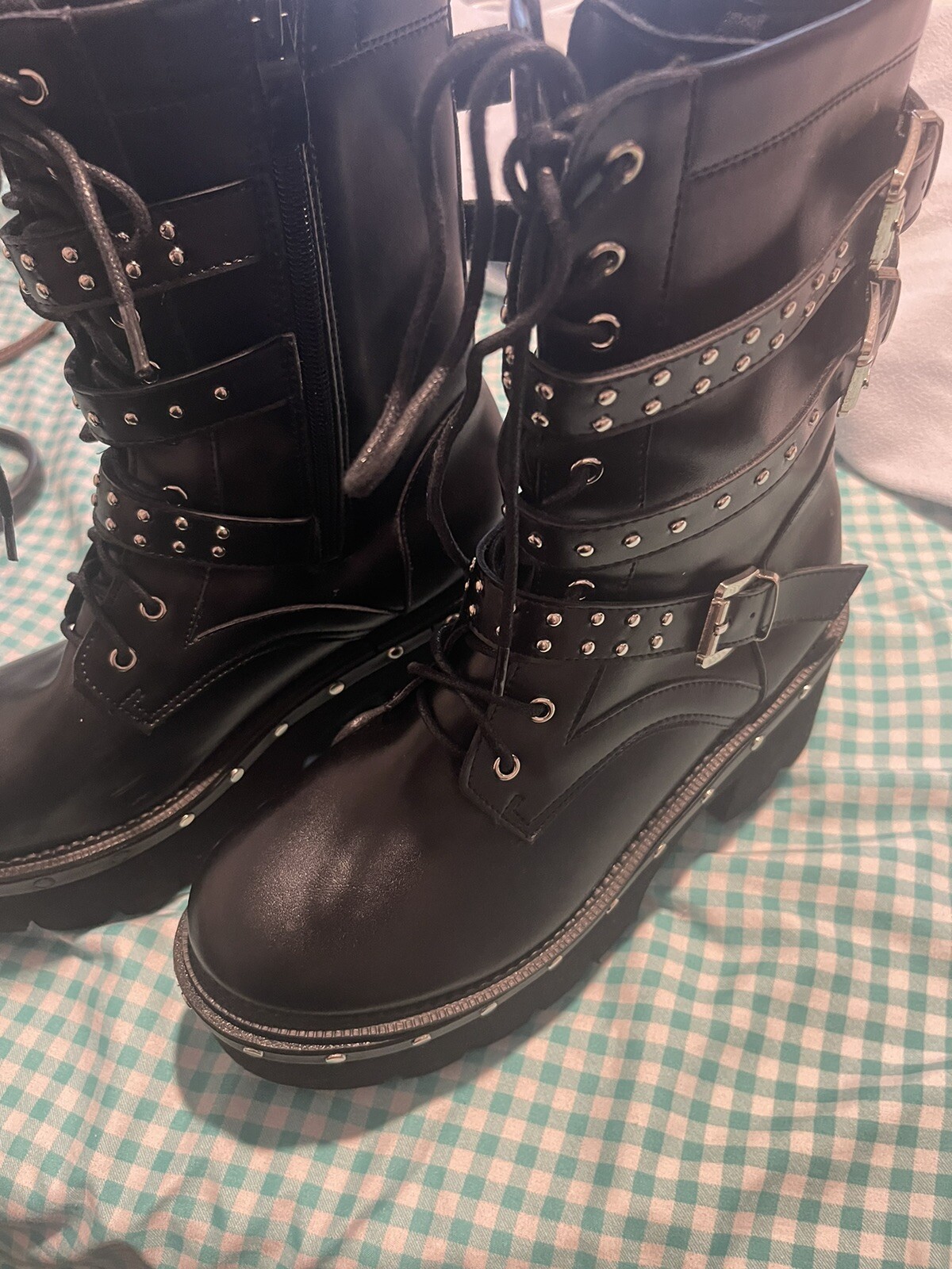 Womens Sz 38(7.5) Platform Goth High Tops Stud Belt Buckle Biker Boots Punk