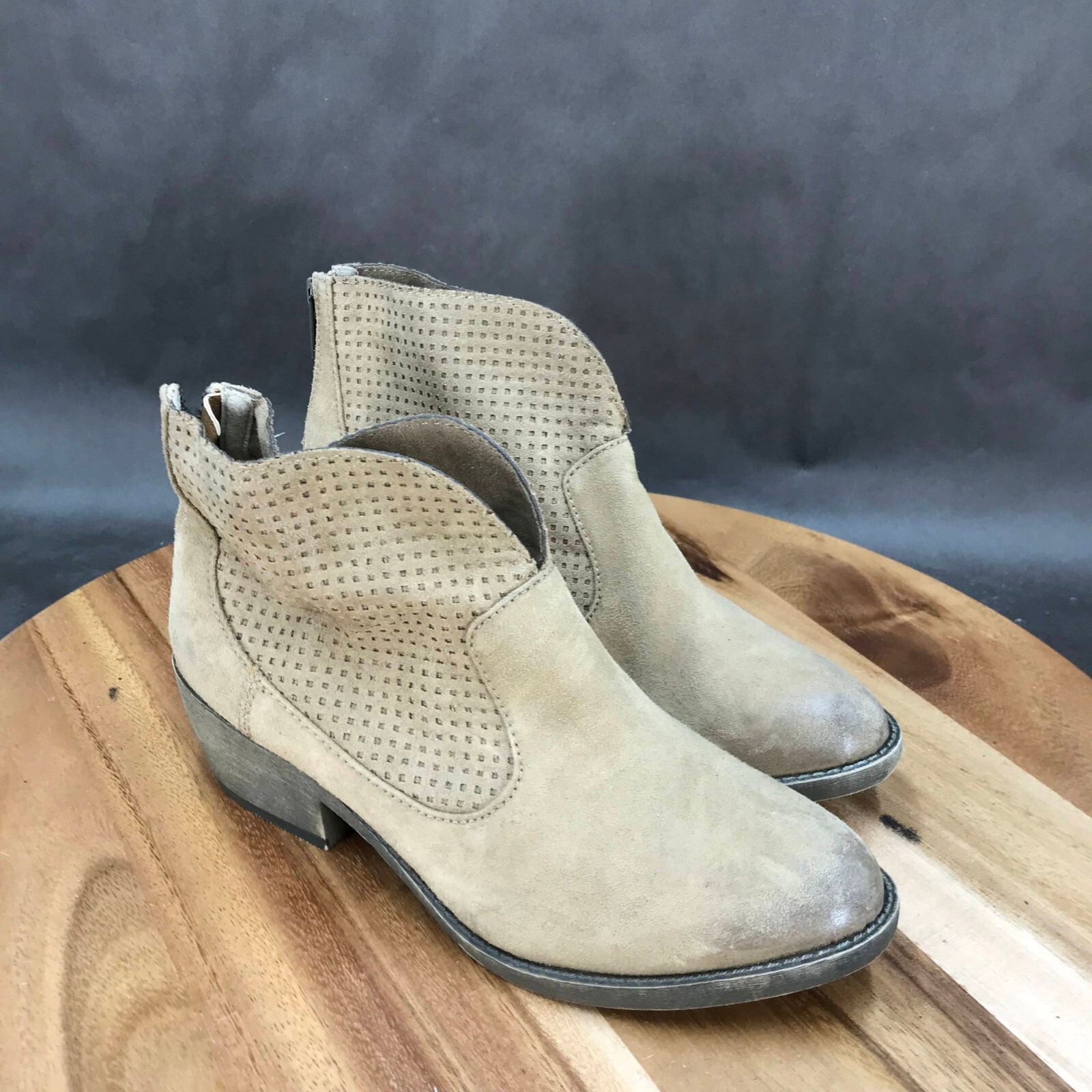 POP Brown Faux Leather Perforated Zip Up Block Heel Booties Womens Size 6