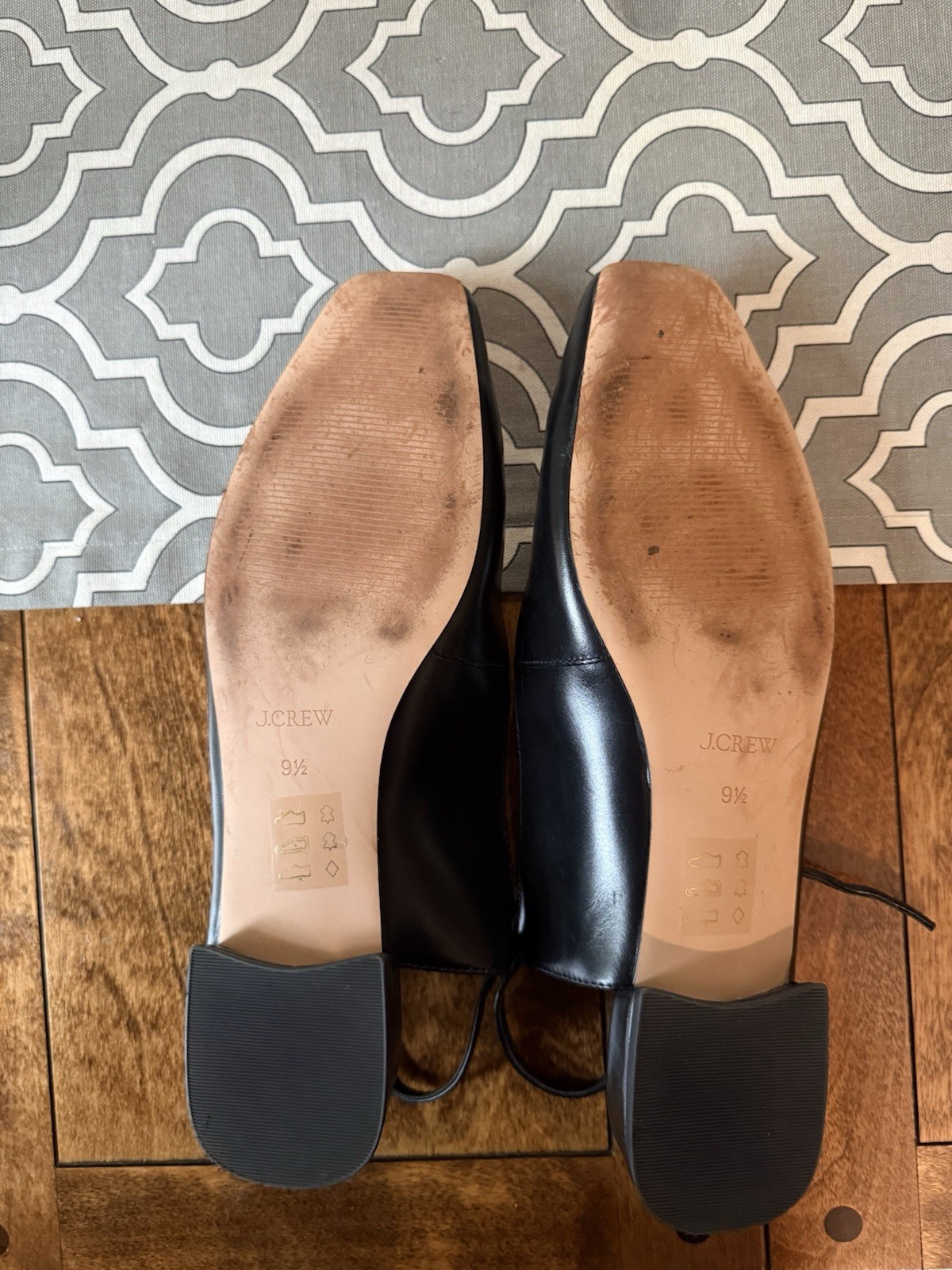 J.CREW Black Leather Ankle Strap Flats Square Toe Size 9.5