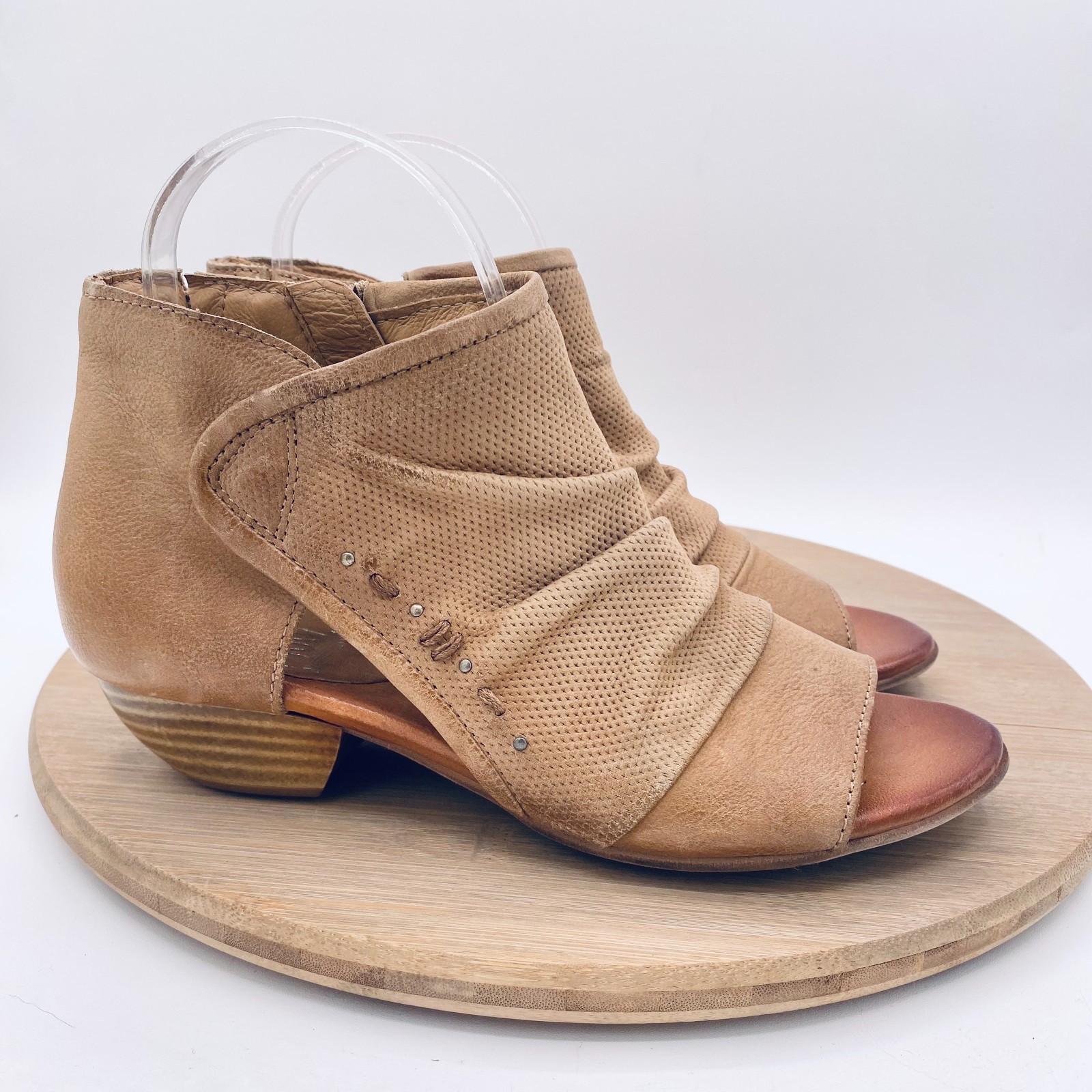 Miz Mooz Boots Womens 6.5 37 Tan Leather Ruched Ankle Booties Peep