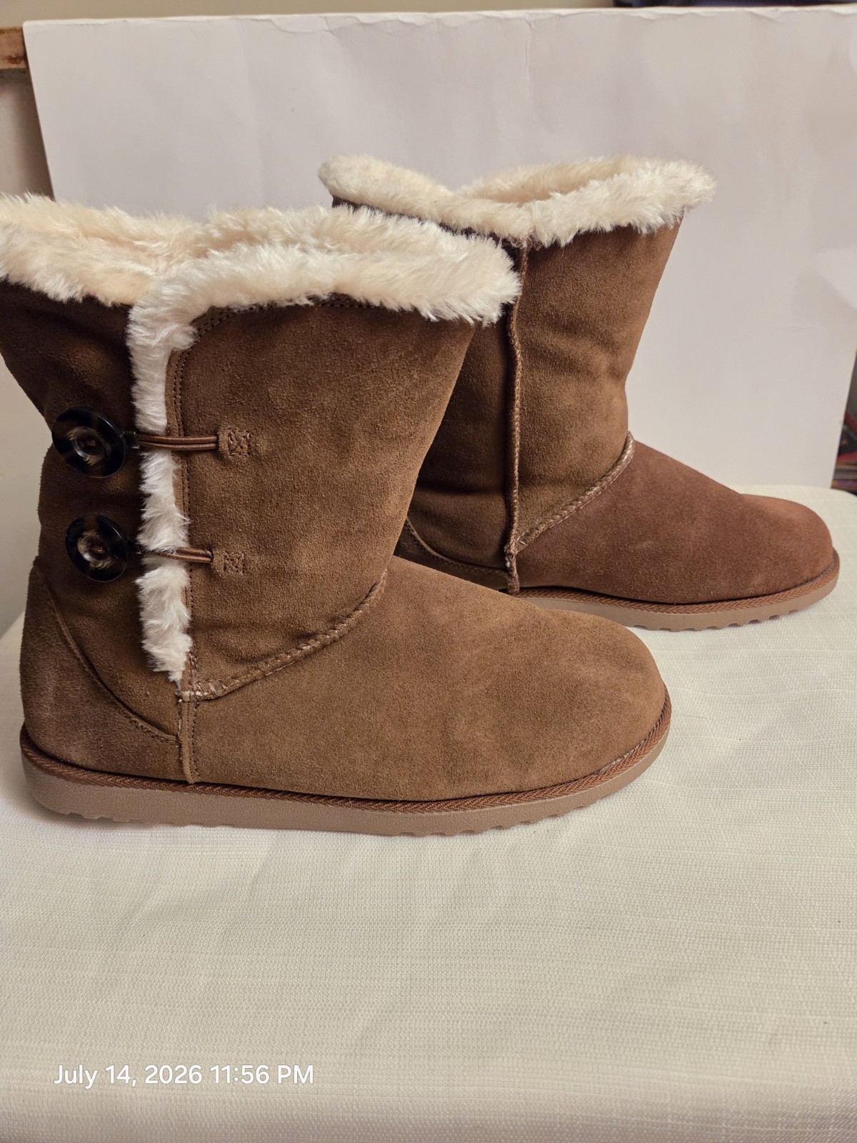Brown Suede Faux Fur Lined Mid-Calf Button Boots Round Toe Rubber Sole 11