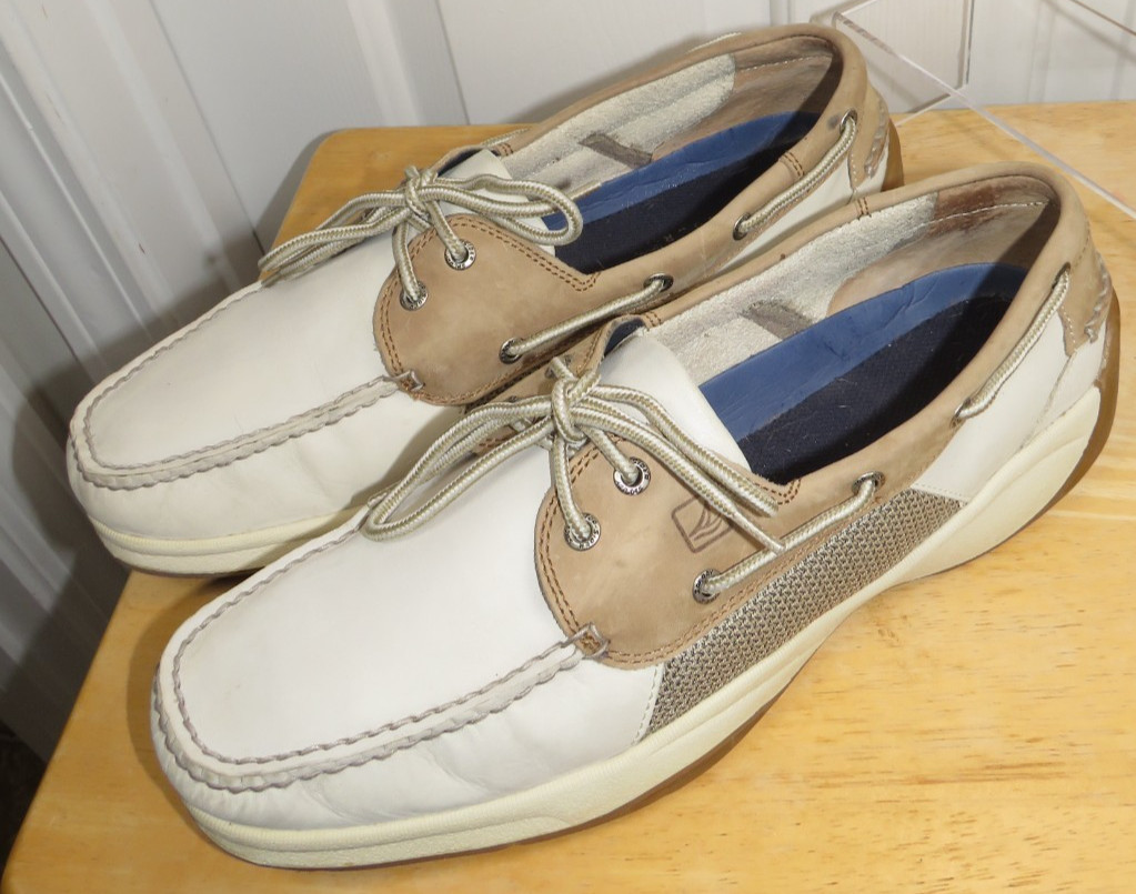 SPERRY Top Sider 2-Eye Boat Shoes Off-White/Cream Tan Men’s Size 13M Leather