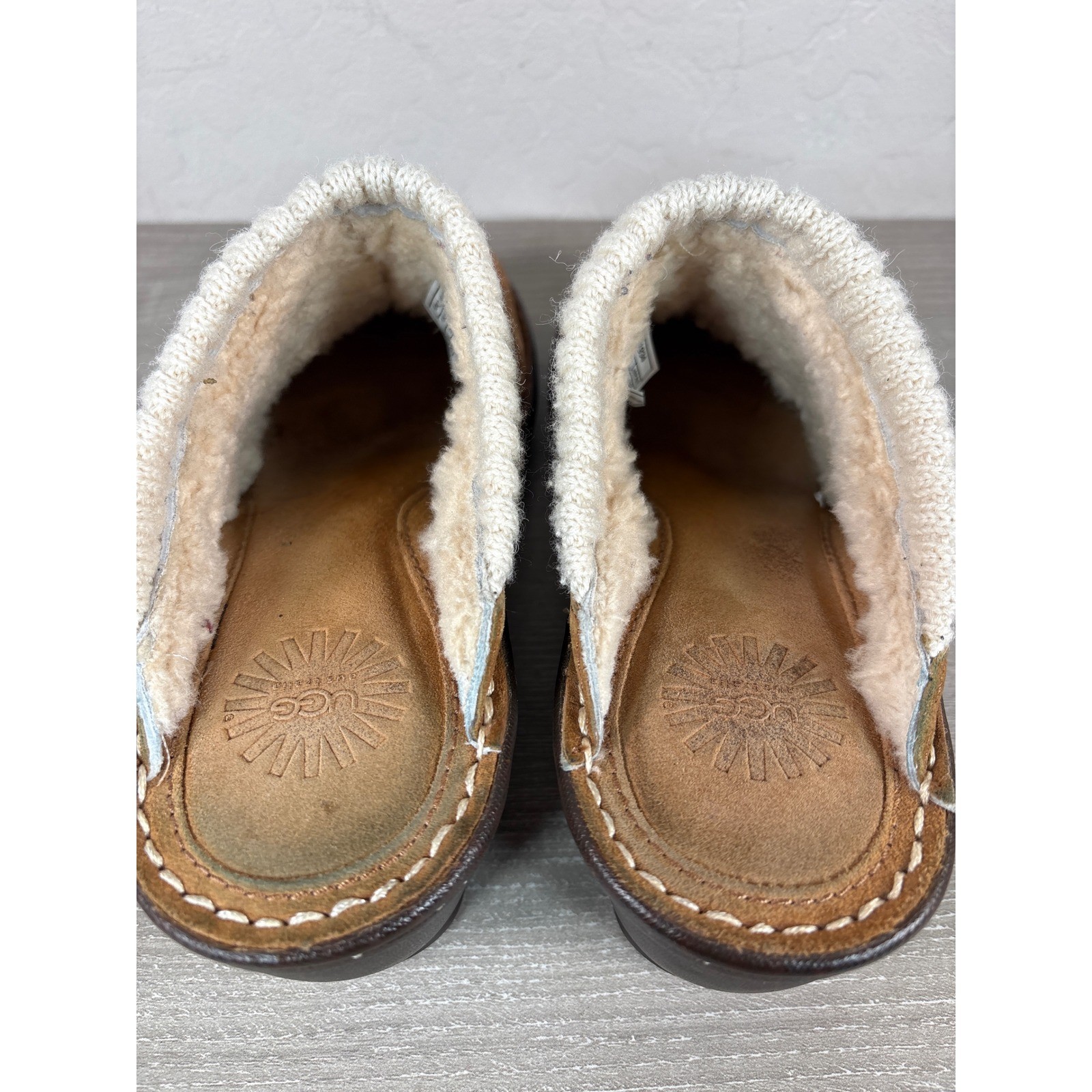 UGG Australia 1934 Chestnut Suede Knit Collar Shearling Wedge Clog Mules Wmns 7