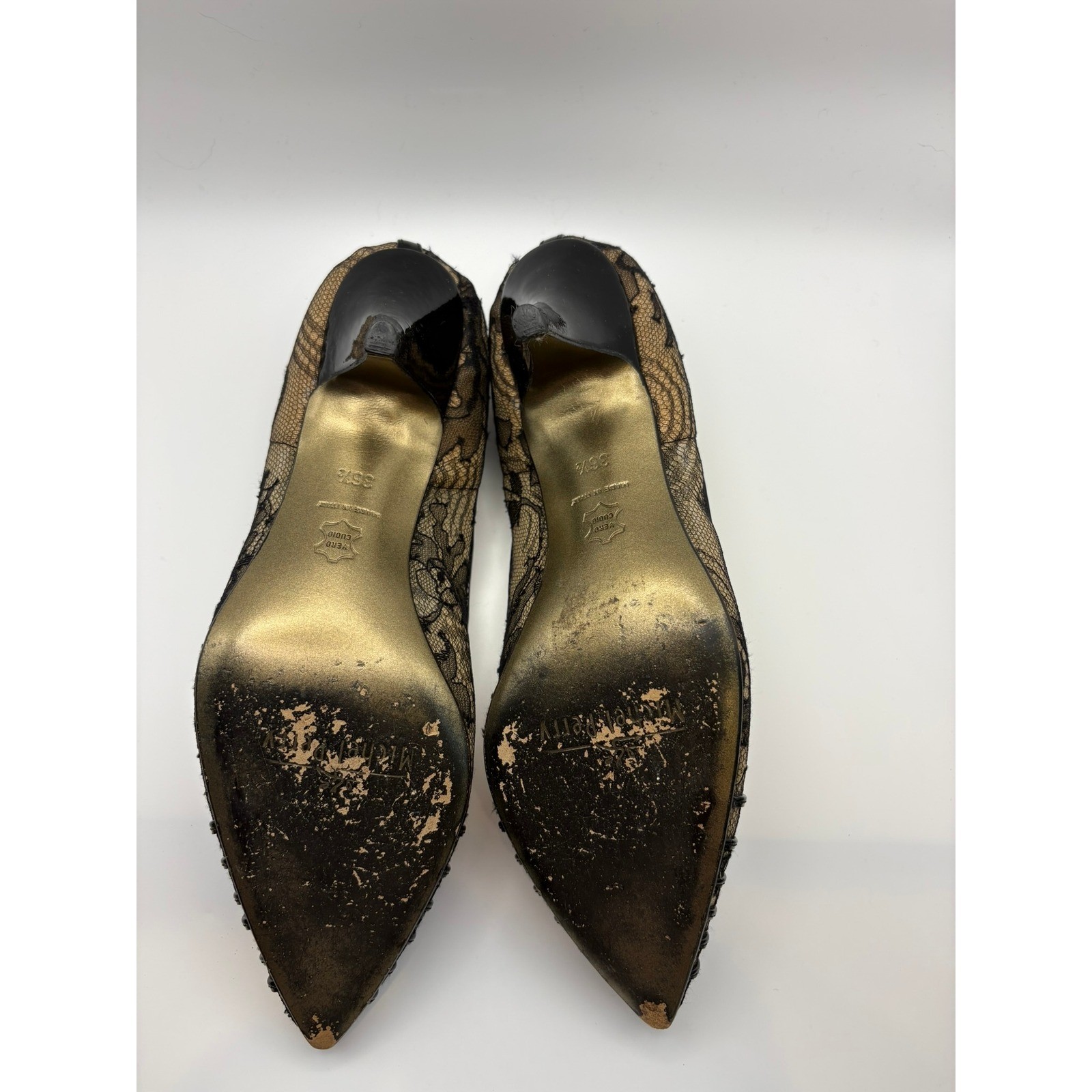 Rare Michel Perry Lace Mesh Pumps 36.5 Black Nude Kitten Heel Pointed Y2K Italy