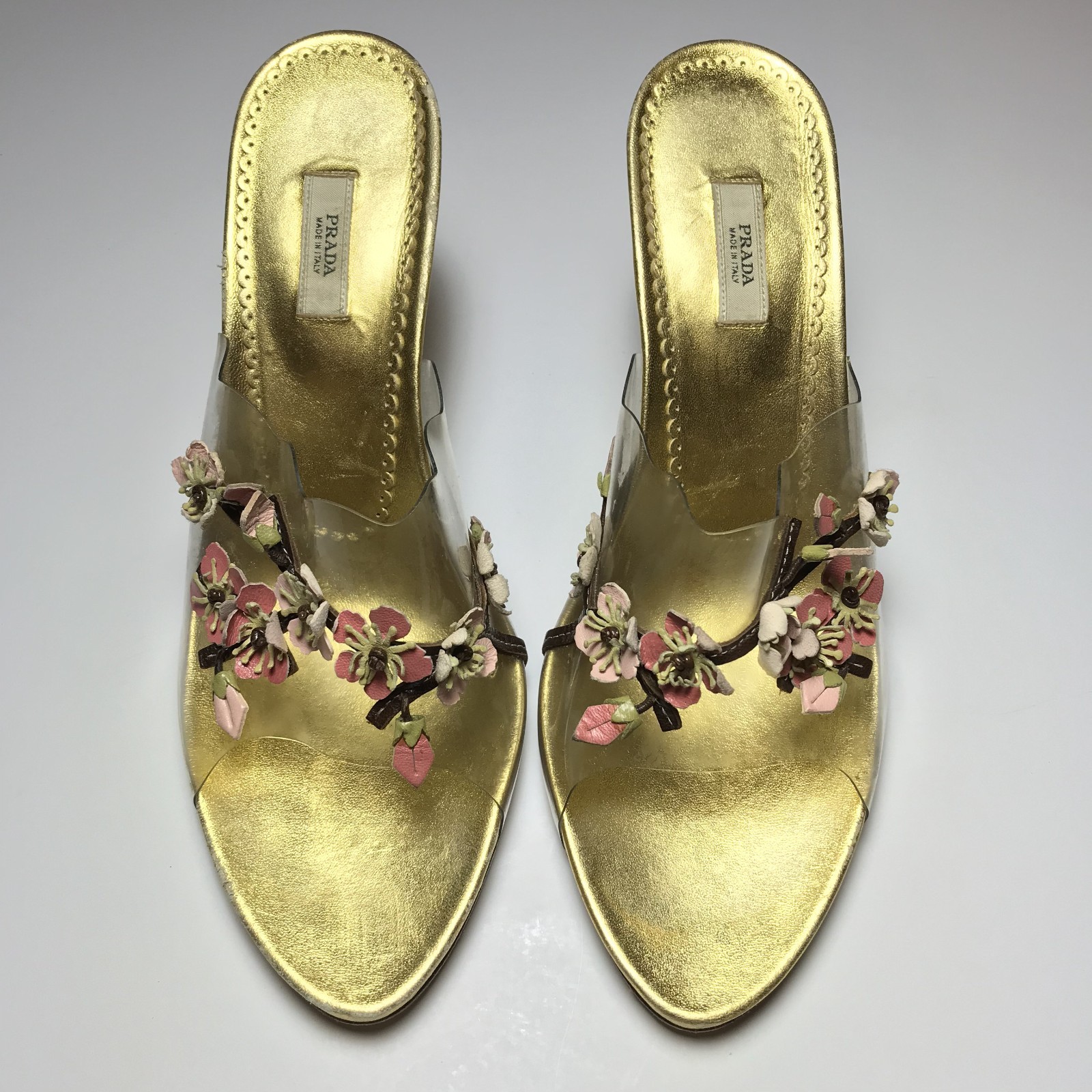Prada Vintage Y2K Geisha Cherry Blossom Floral Applique Gold PVC Mules 38