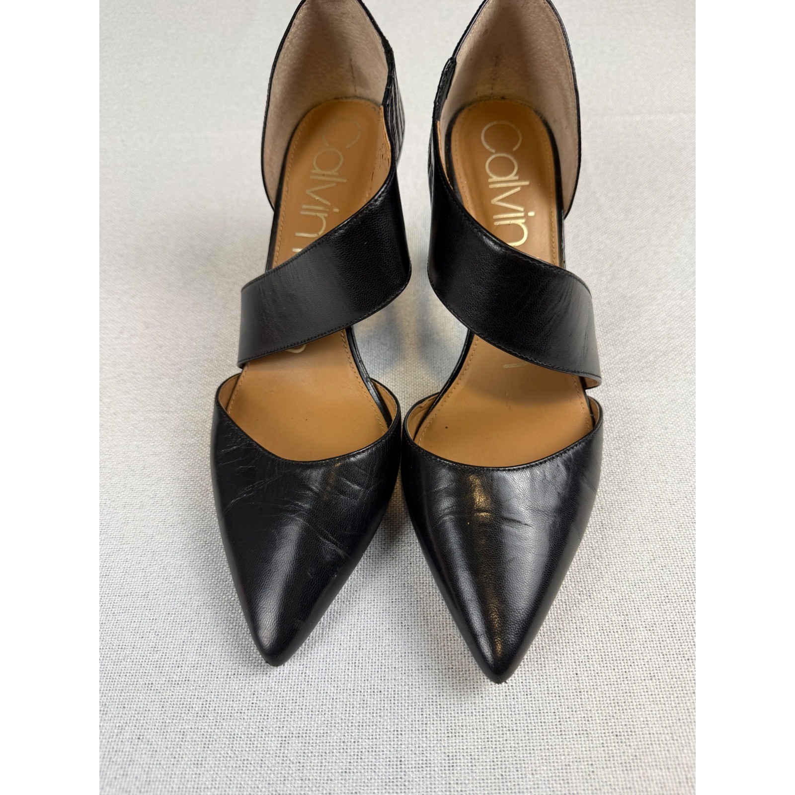 Calvin Klein Women Black Leather Asymmetrical D’Orsay Pointed Toe Stiletto Heels