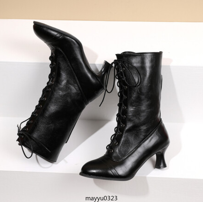 Vintage Womens Mid Kitten Heel Lace Up Faux Leather Ankle Boots Shoes Biker Hot