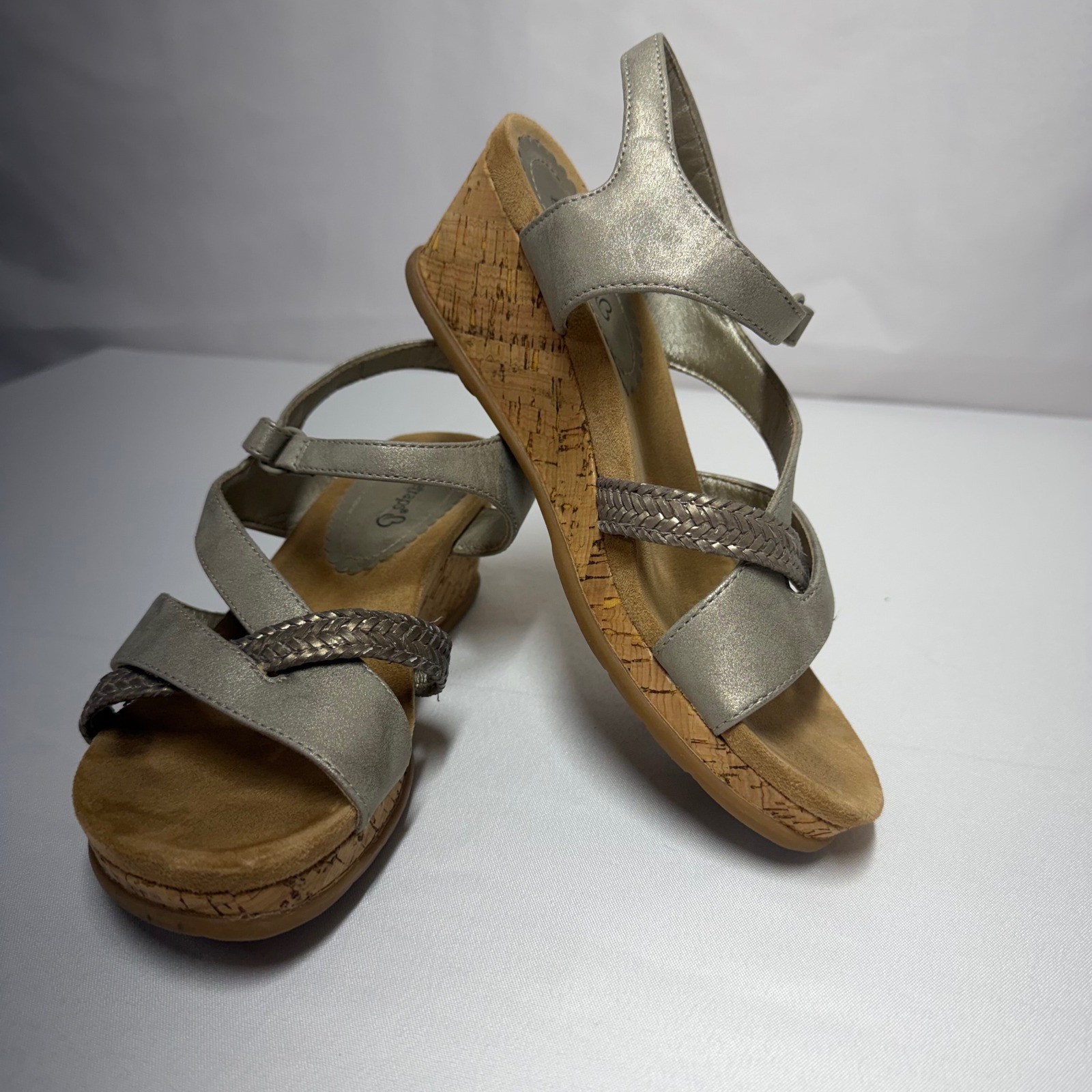 Baretraps Farah Womens 7.5M Champagne Metallic Cork Wedge Braided Sandals BTS23
