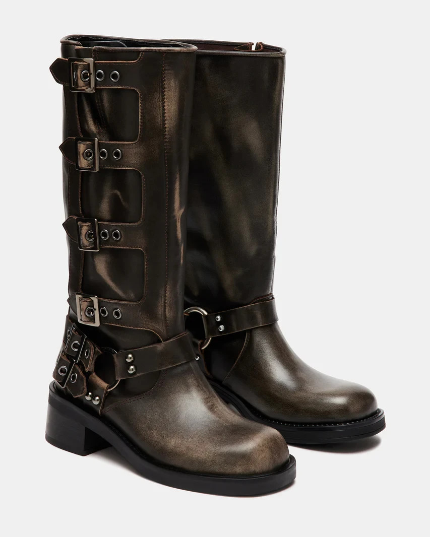 Steve Madden Multi Buckle Distressed Leather Mid Calf Boots
