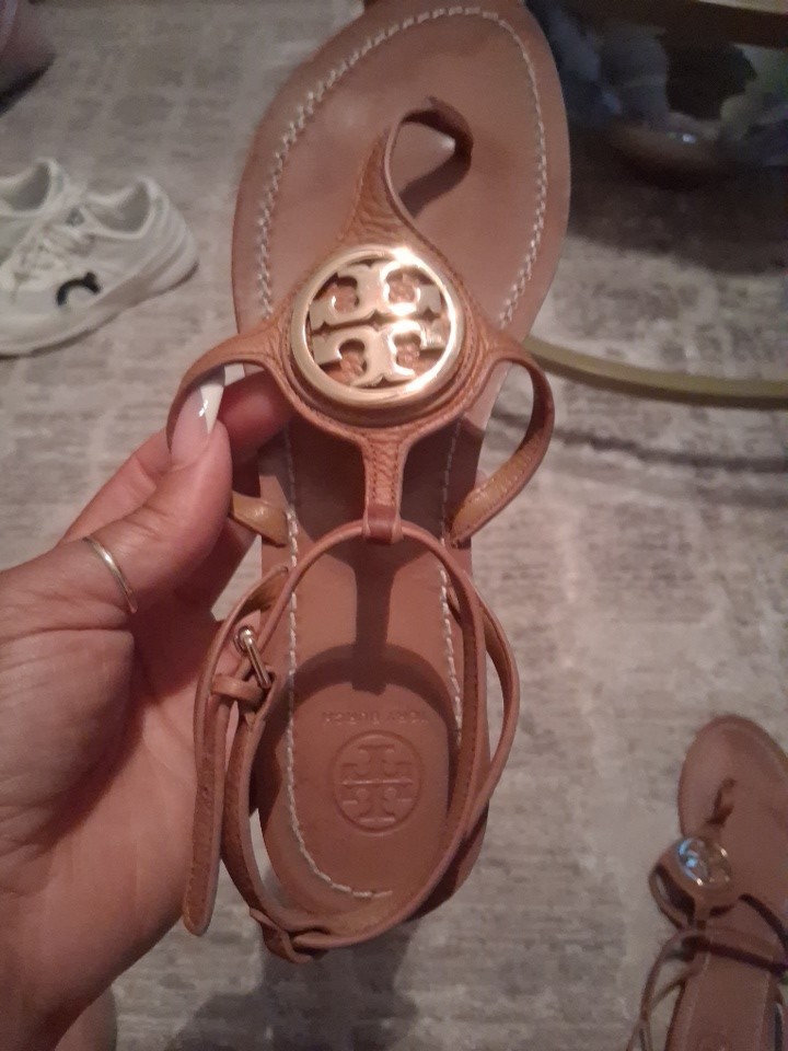 Tory Burch Brown Leather Strappy Sandals Logo Buckle Adjustable Strap US 9.5