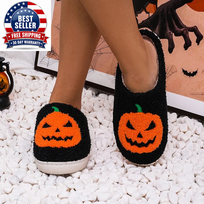 Cozy Halloween Pumpkin Slippers Women Soft Plush Non Slip Indoor Cotton Slides W