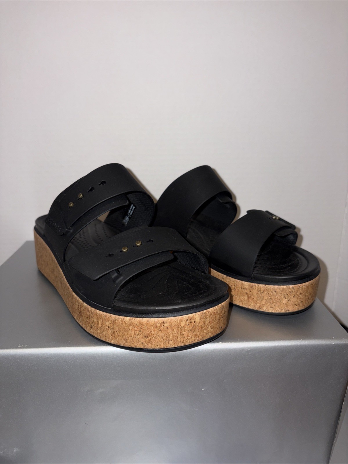 Crocs Brooklyn Black Cork Platform Sandals Double Strap LiteRide Womens Size 8