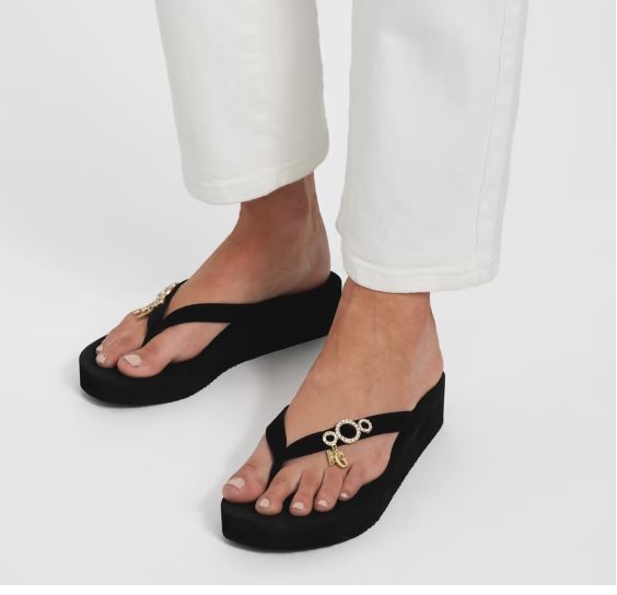 NEW BLACK GUESS WEDGE FLIP FLOPS GOLD CHARMS MARTS PLATFORM SIZES 5,6,7,8,9,10
