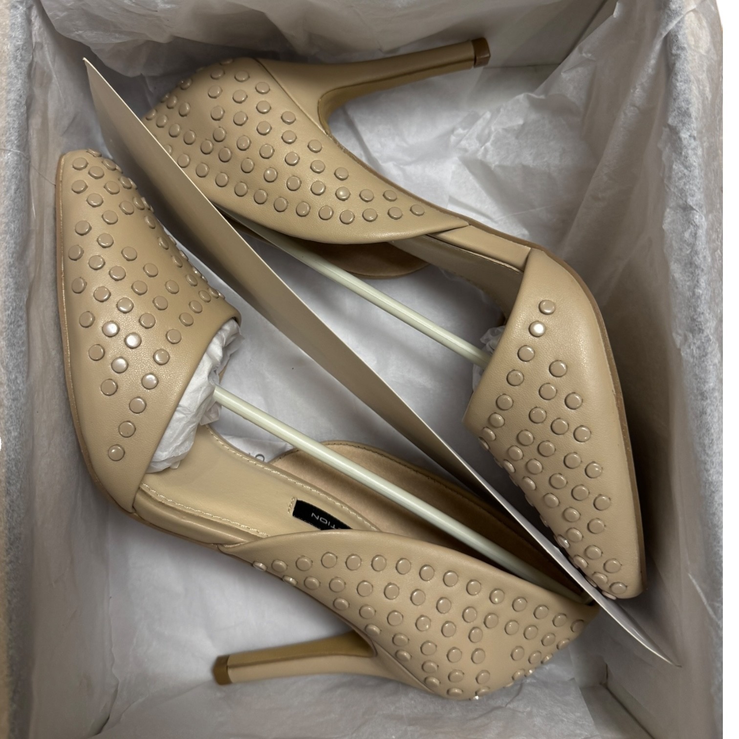 French Connection Studded Pointed Toe D’Orsay Heels 6.5 Nude Cement NEW Vegan