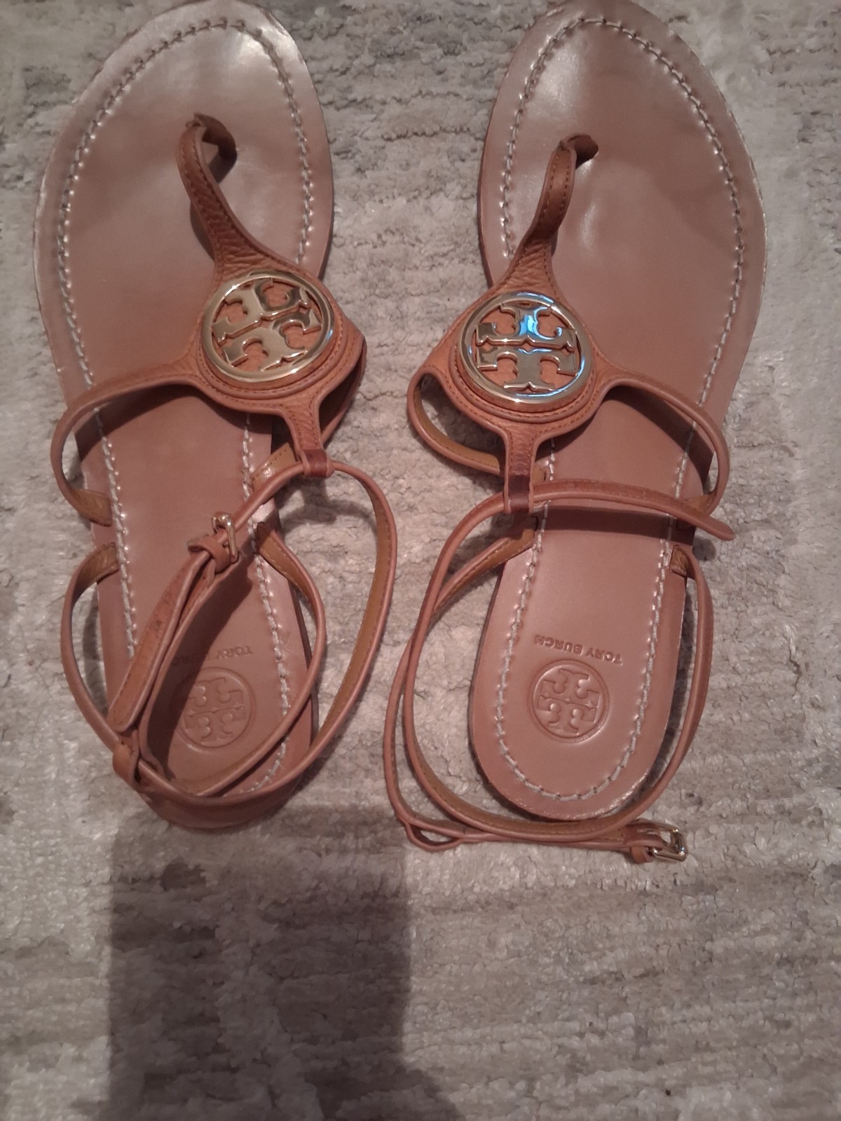 Tory Burch Brown Leather Strappy Sandals Logo Buckle Adjustable Strap US 9.5