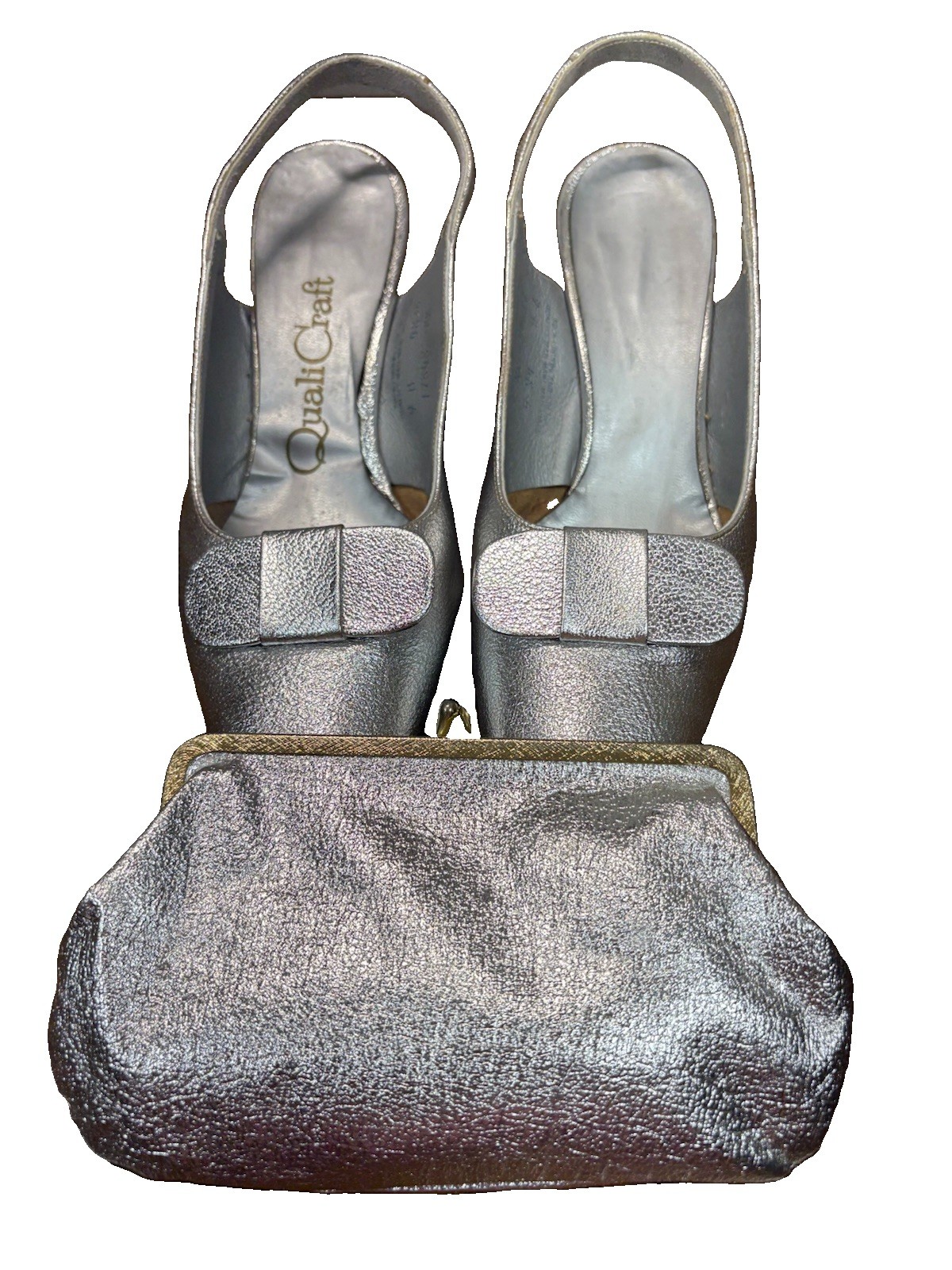 QualiCraft Silver Man Made Slingback Heels & Matching Clutch Purse Size 9B Set