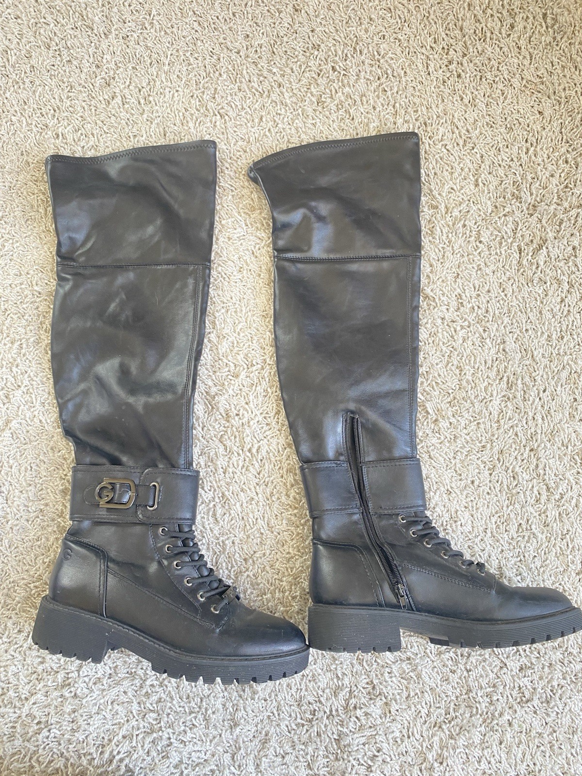 GBG Los Angeles Womens Black Knee High Combat Leather Lace Up Buckle Zip 9M