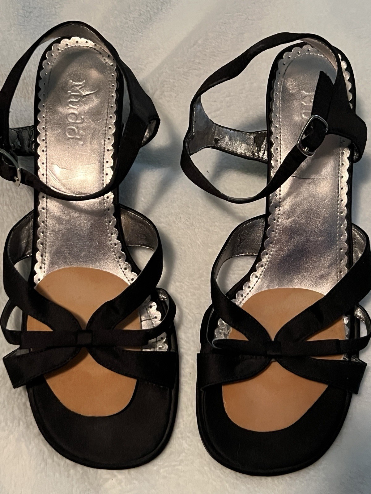 MUDD Womens 10M Black Satin Block 2.5”Heel Ankle Strap Bow Dressy Open Toe Y2K
