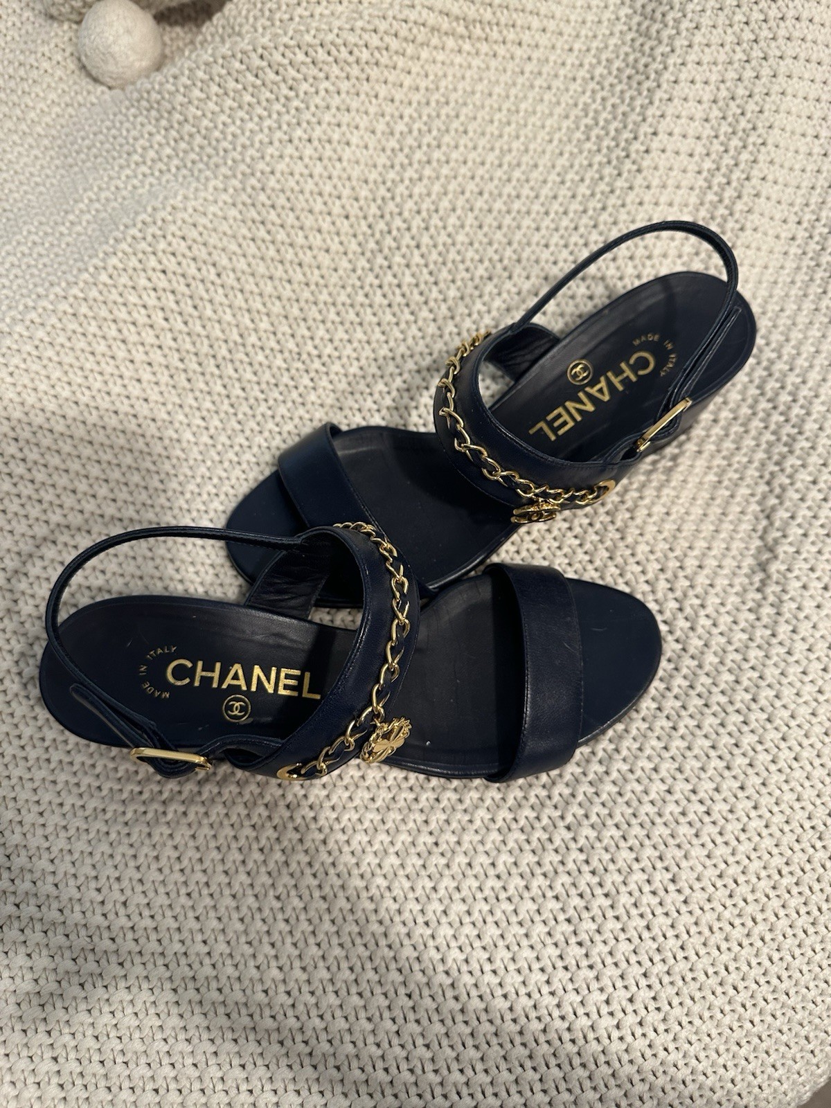 Navy Blue Chanel Chunky Heel Sandals with Gold Chain Size 36 Made In Italy