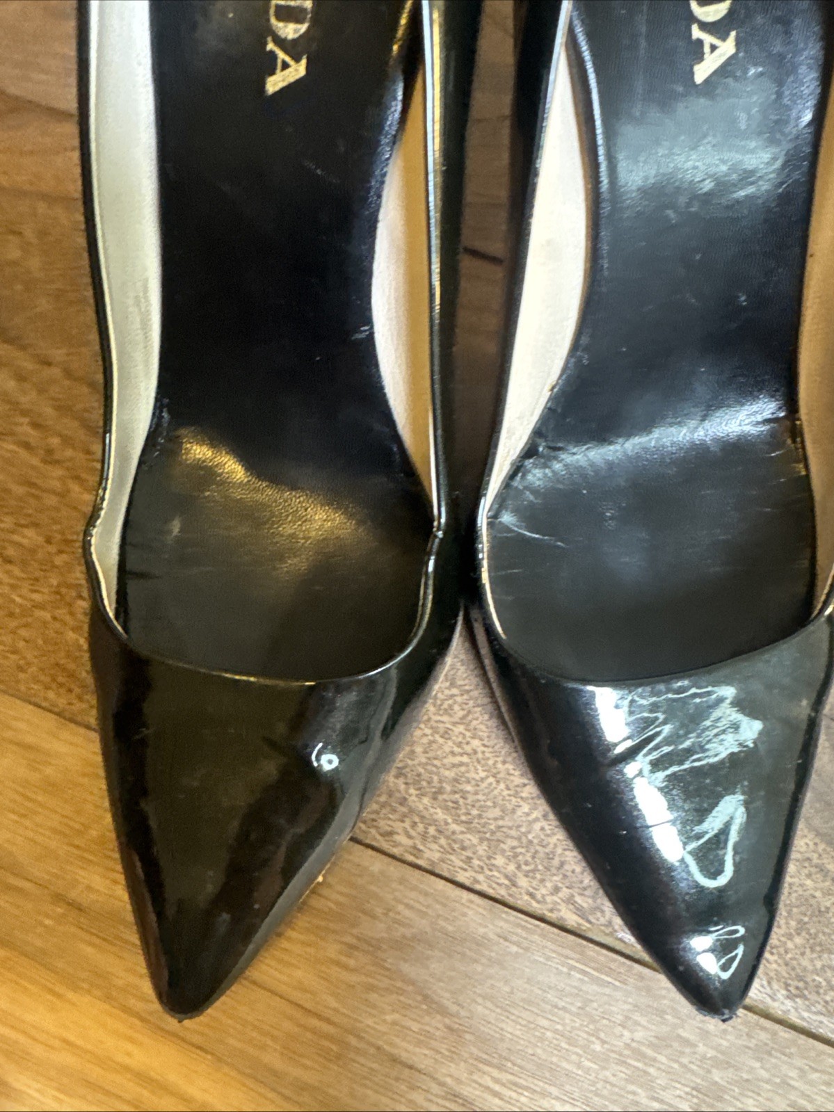 Prada Pumps Black Patent Leather Size 36 Pointed Toe Heels Designer 3.5 In Heel