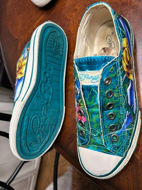 Ed Hardy Green Metallic Glitter True To My Love Tattoo Shoes Low Rise Slip On 5