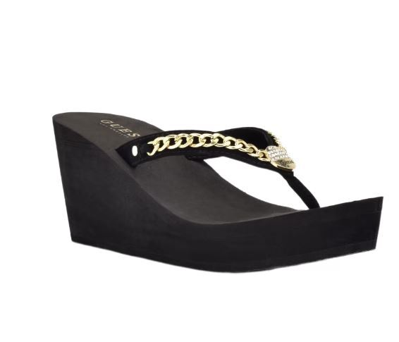 NEW WOMEN’S GUESS BLACK FLIP FLOPS PLATFORM WEDGE GOLD CHAIN SWING 5,6,7,8,9,10