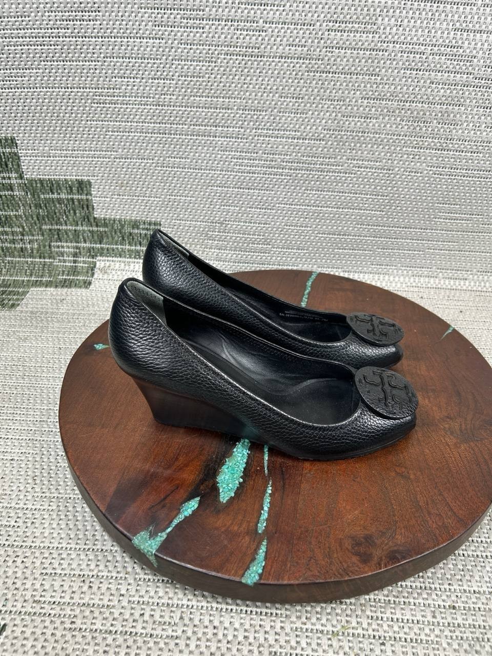 Tory Burch Heels Womens Size 7 M Sally Wedge Pump Black Leather Peep Toe Slip On