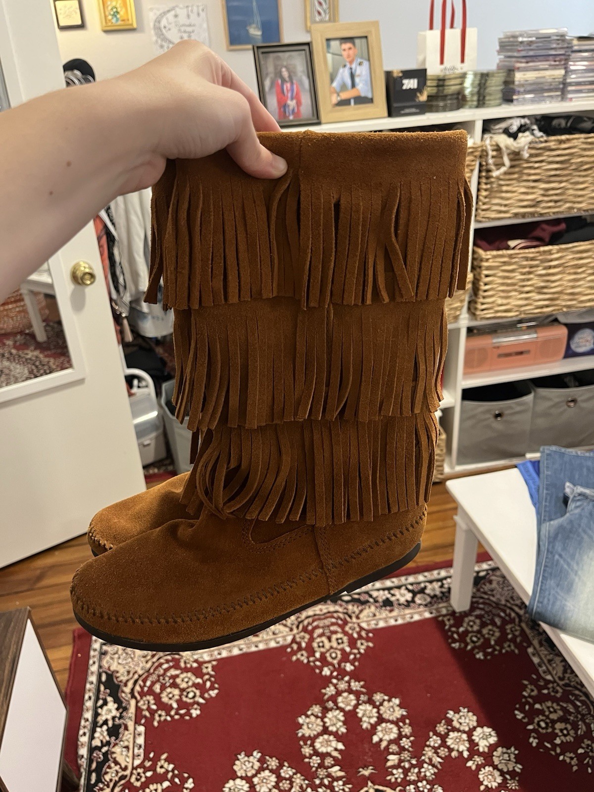 Minnetonka 1632 Moccasins Brown Suede Fringe Mid-Calf Pull-On Round Toe