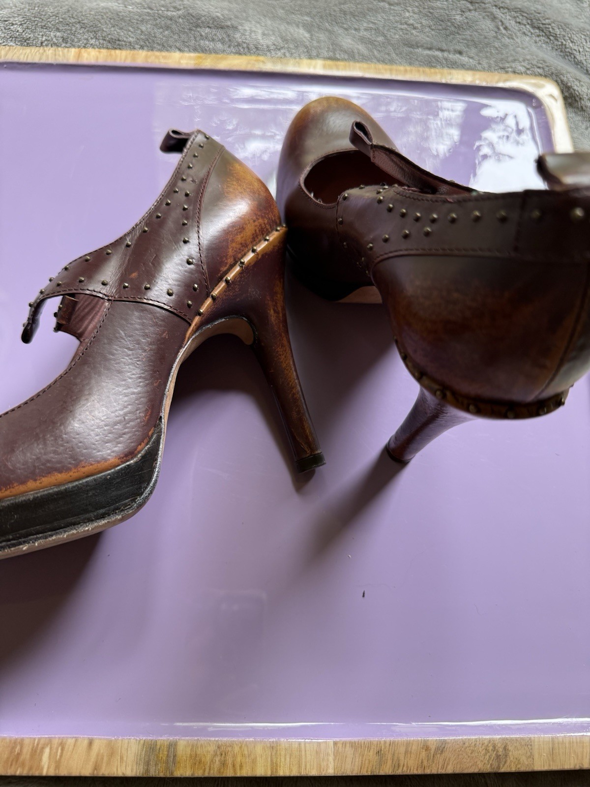 Derek Lam Studded Tan Brown Leather High Heels Western 38 US 7.5 Boho 4 Inch