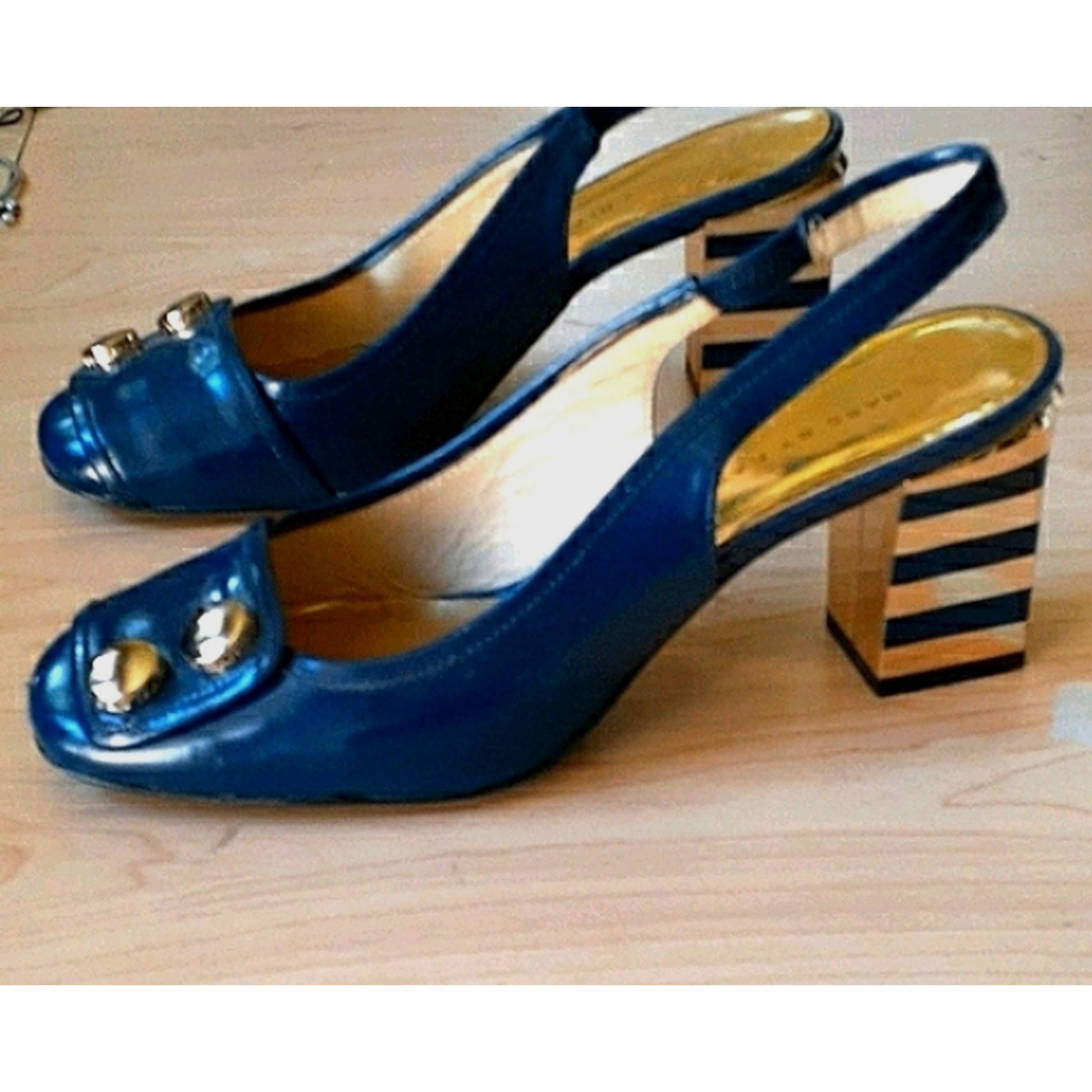 Marc by Marc Jacobs Sliingbacks Blue Gold Striped Heels 35.5 Art Deco City Chic