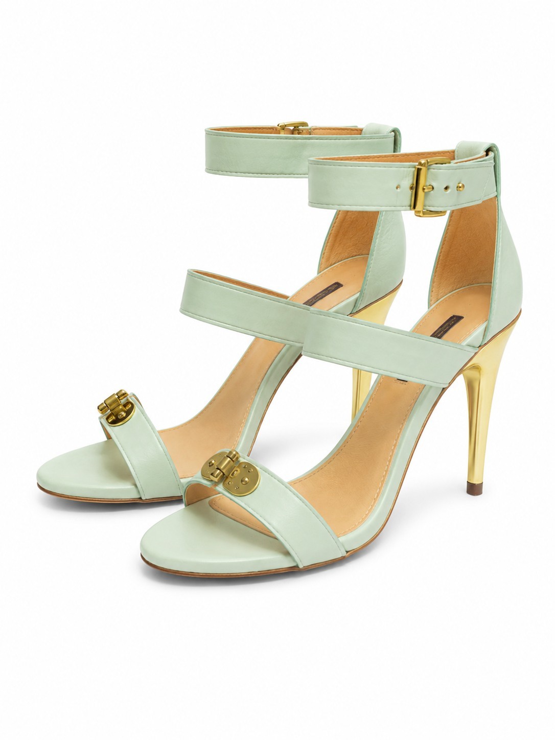 7 For All Mankind Mint Green Leather Gold Stilletto Heel Sandals Womens 7.5 M