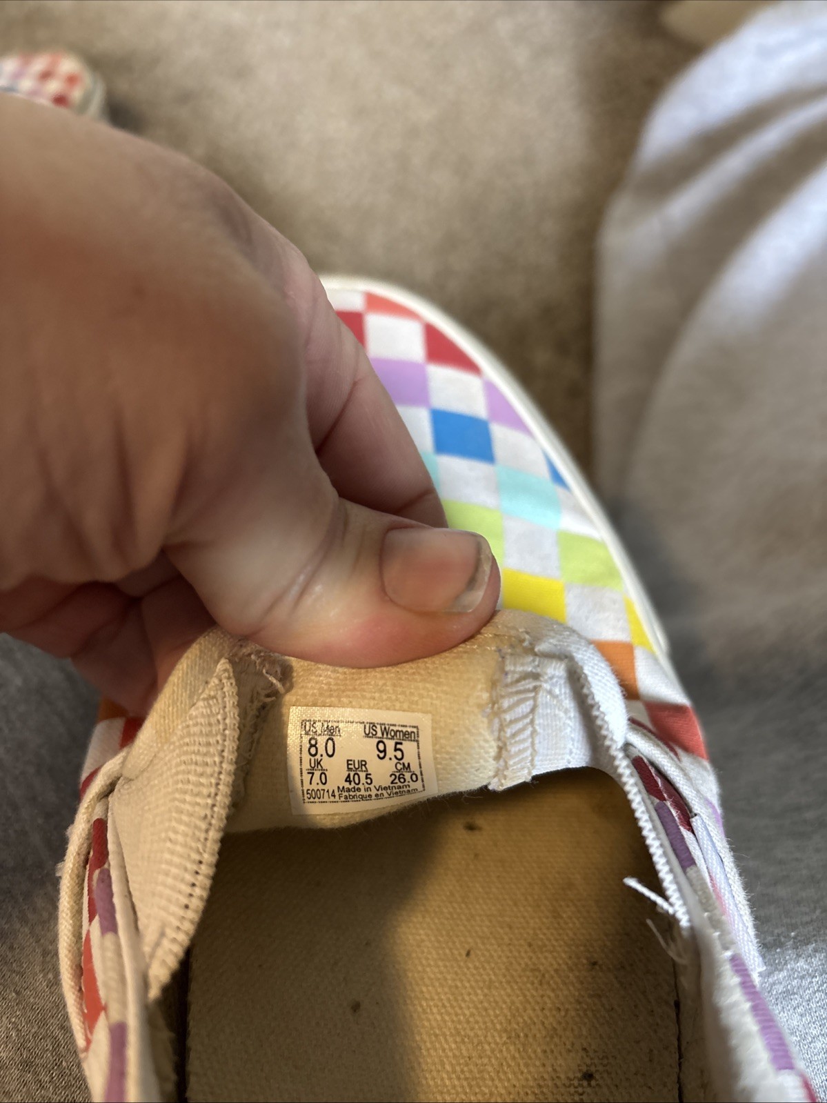 VANS Classic Slip-On Sneakers Unisex Checkerboard Pattern White/Rainbow Size 8M