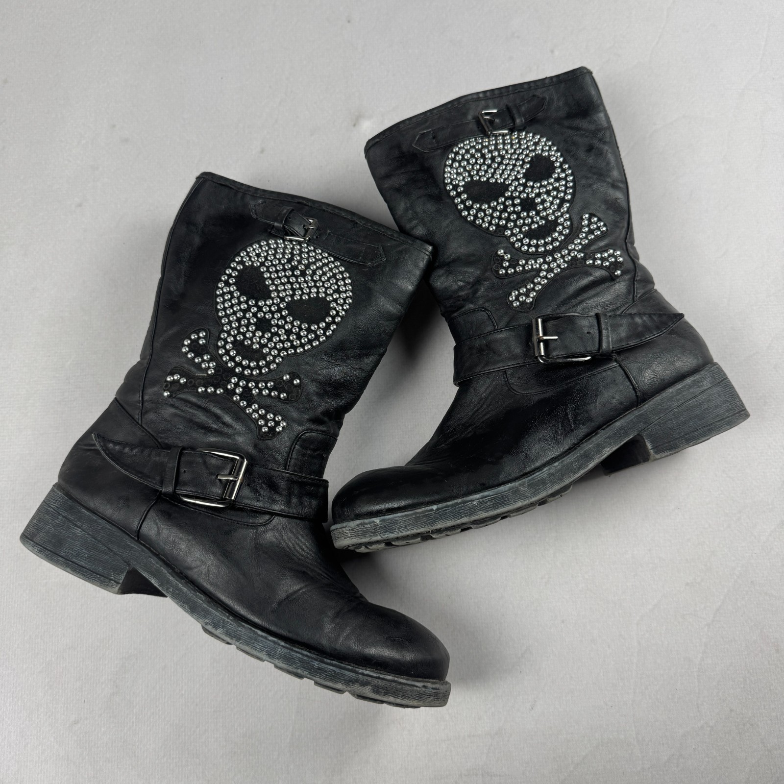Y2K Skull Studded Biker Boots Black Leather Punk Gothic Moto Buckle Mid Calf