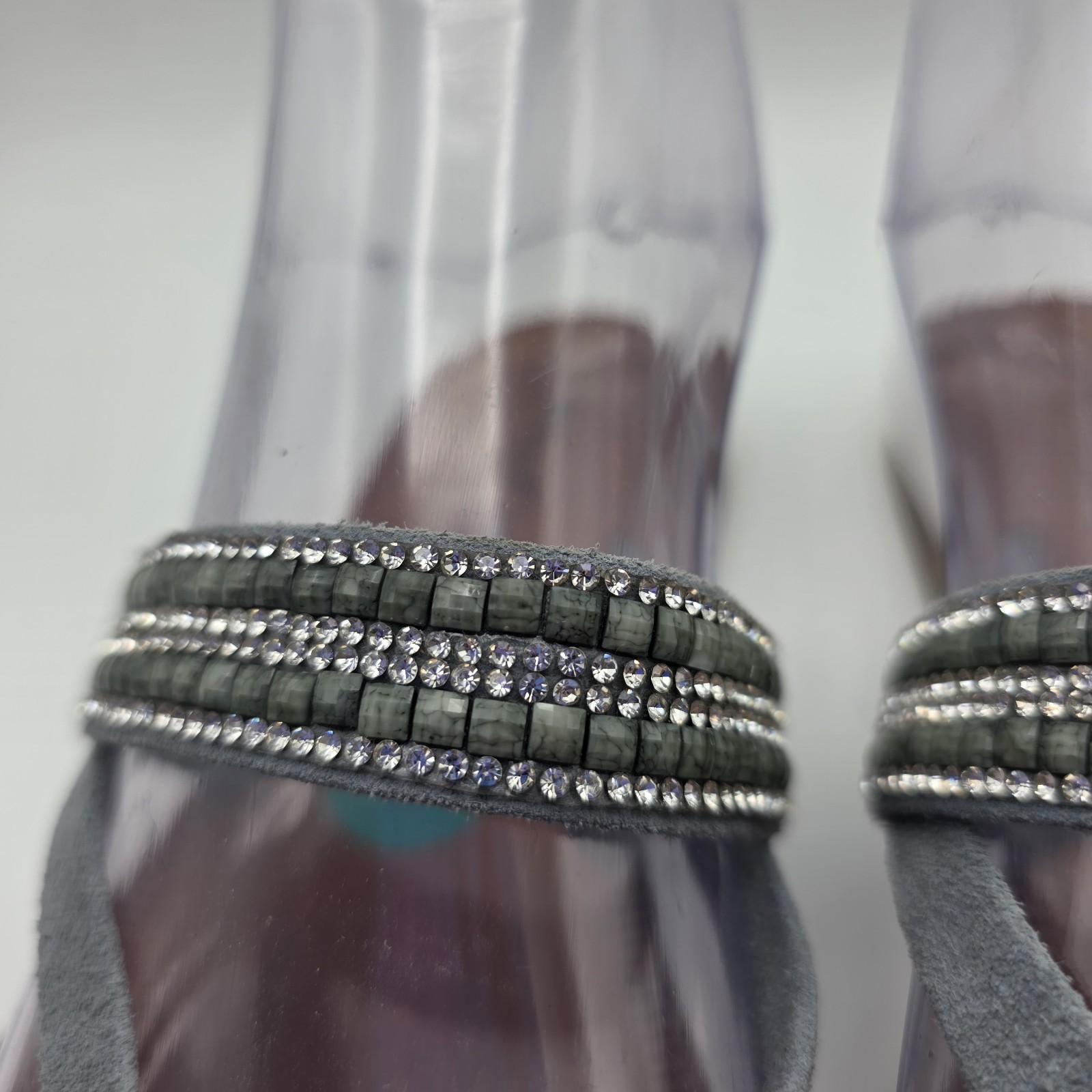 MARIELLA Sandals 8 Blue Gray Leather Glitter Rhinestone Thongs Slides Mules