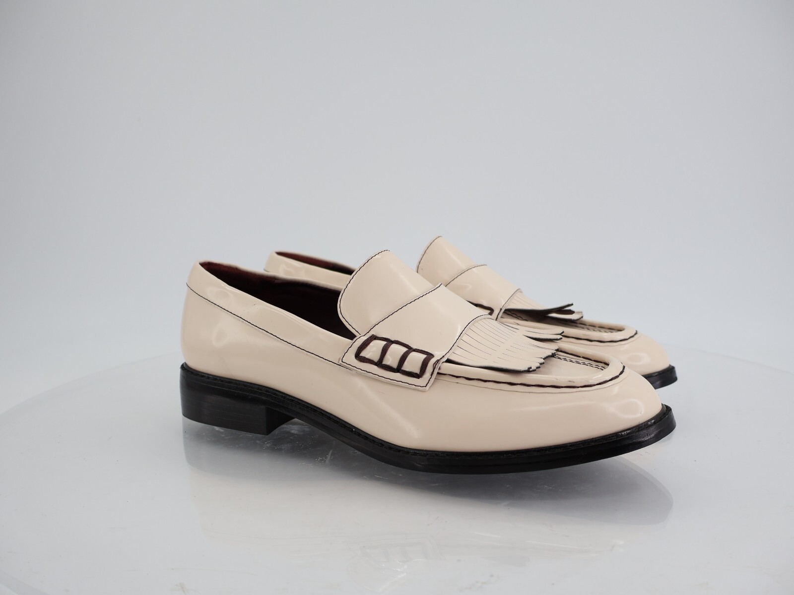 Franco Sarto Alonzo Penny Loafer Slip on Shoes Size 9 Beige Black Patent Vegan