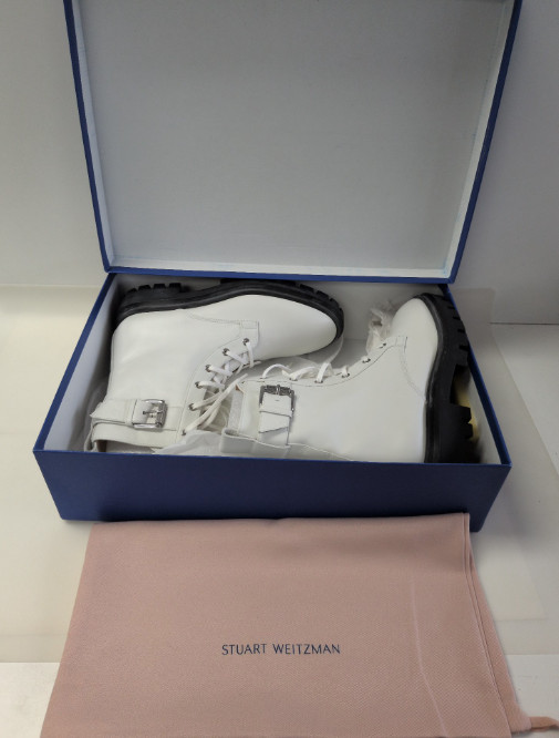 Stuart Weitzman Ultra Lug Buckle Combat Boots White Calf Leather 9B